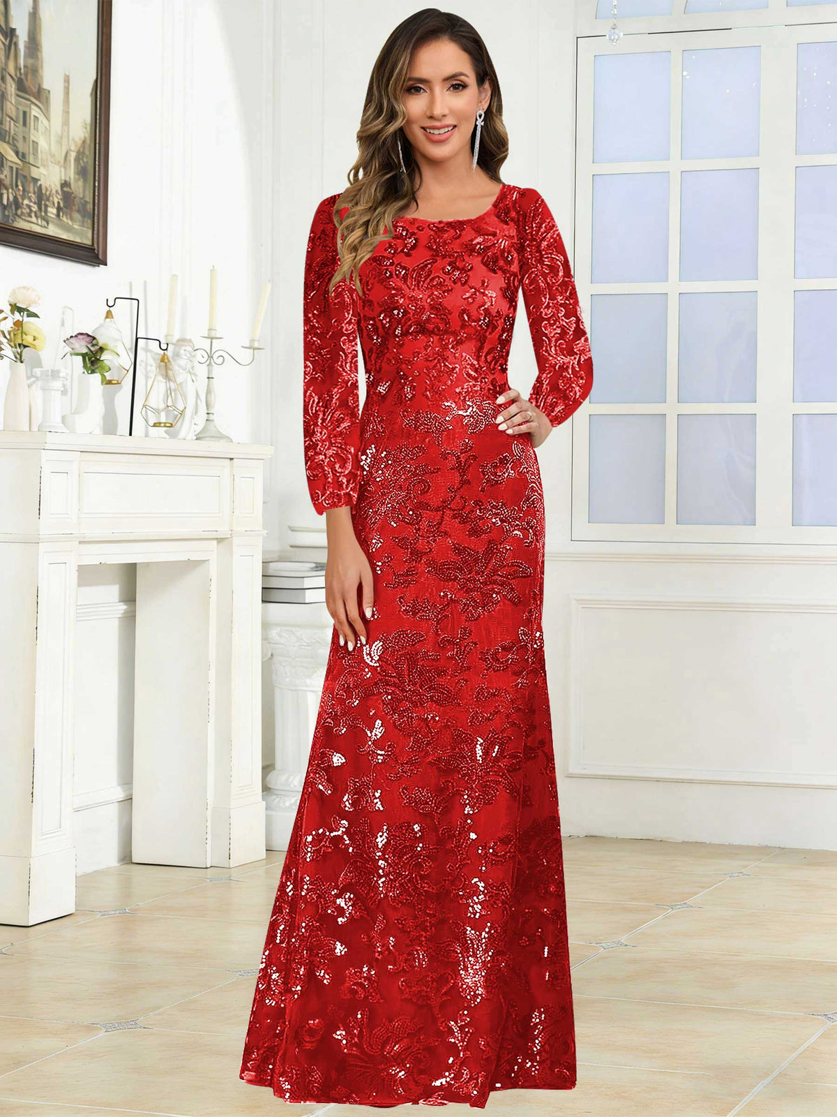 Crew Neck Sequin Lace Long Sleeve Mother of the Bride Dress