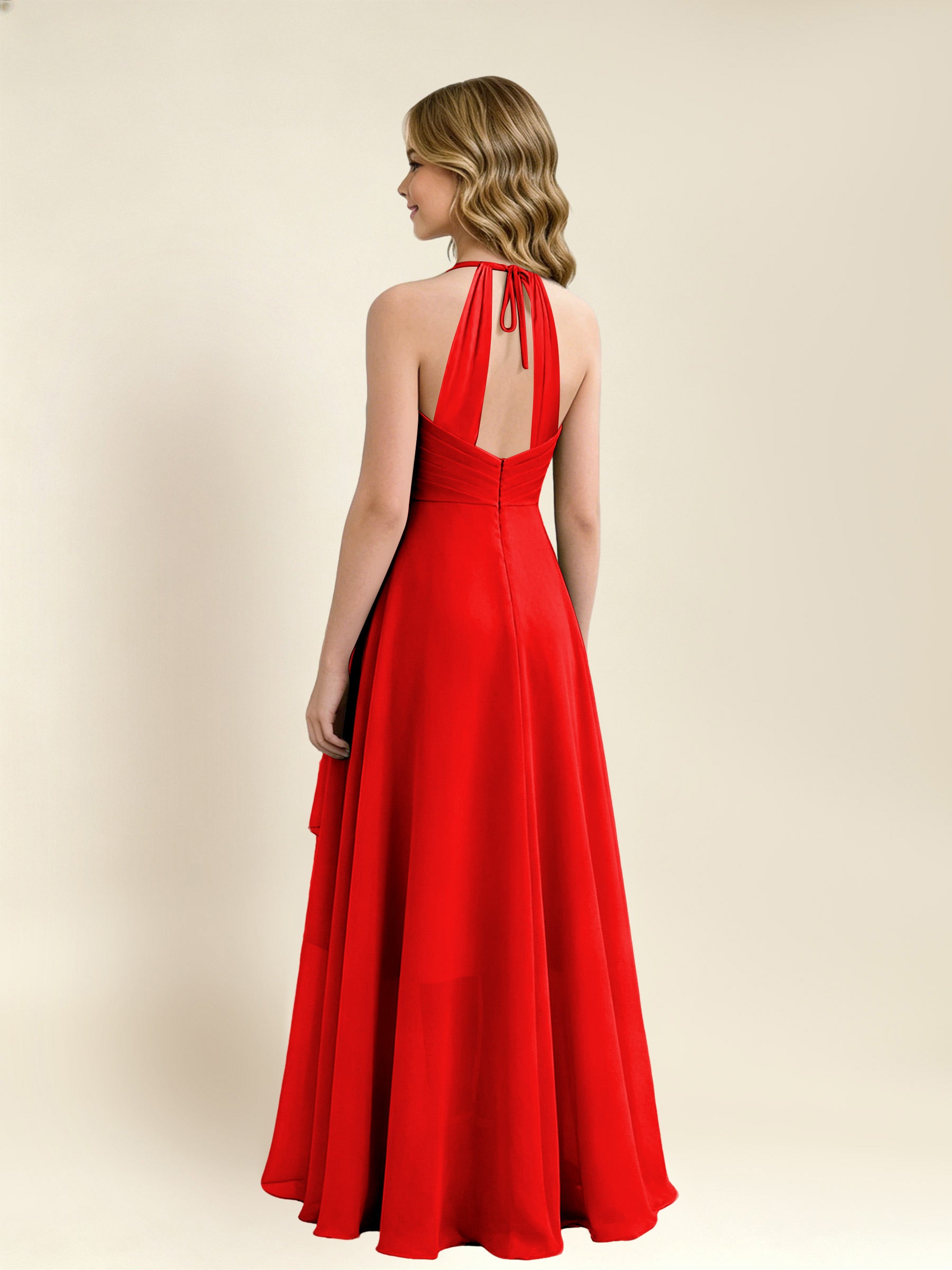 ROVDESY A-Line Halter Pleated Chiffon Junior Bridesmaid Dress