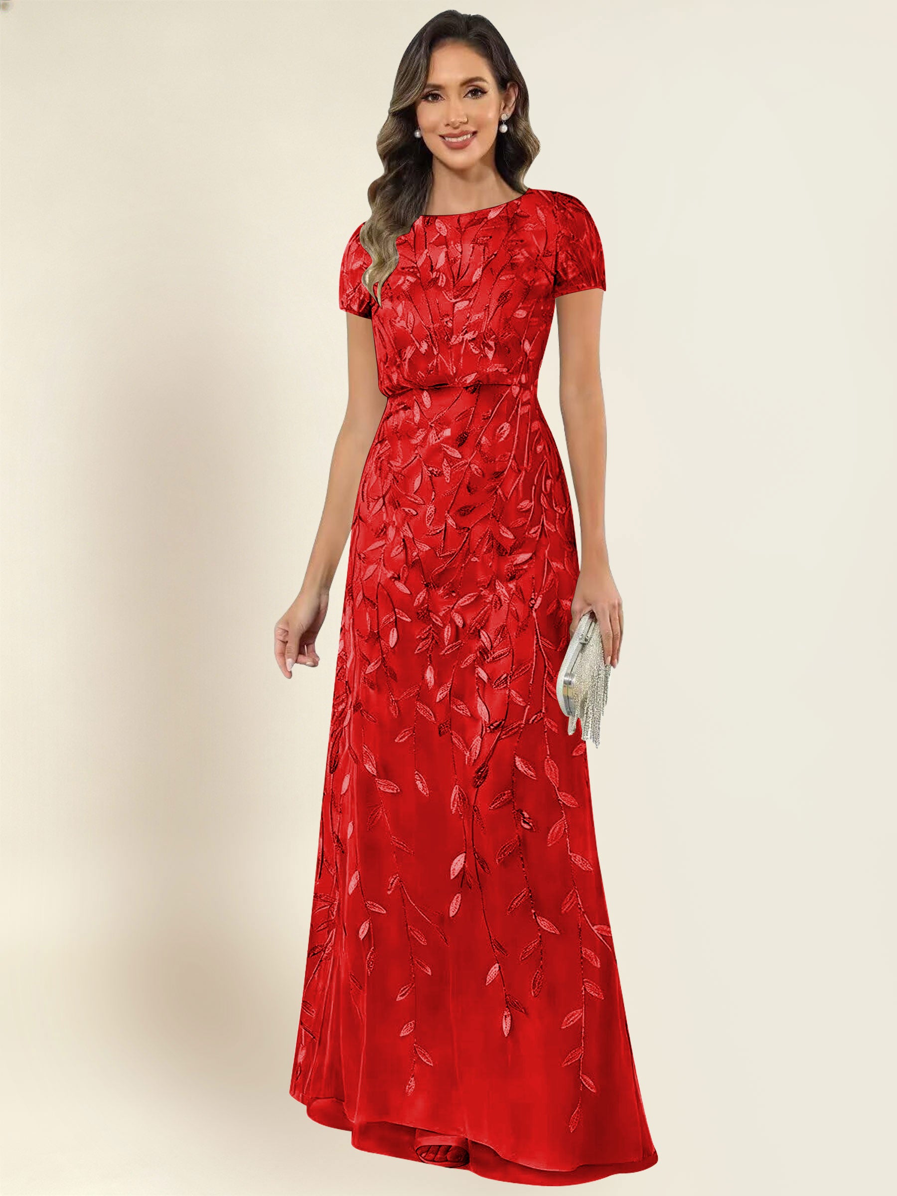 ROVDESY Sequin Mermaid Long Mother Of The Bride Dress With Short Sleeves Formal Gown