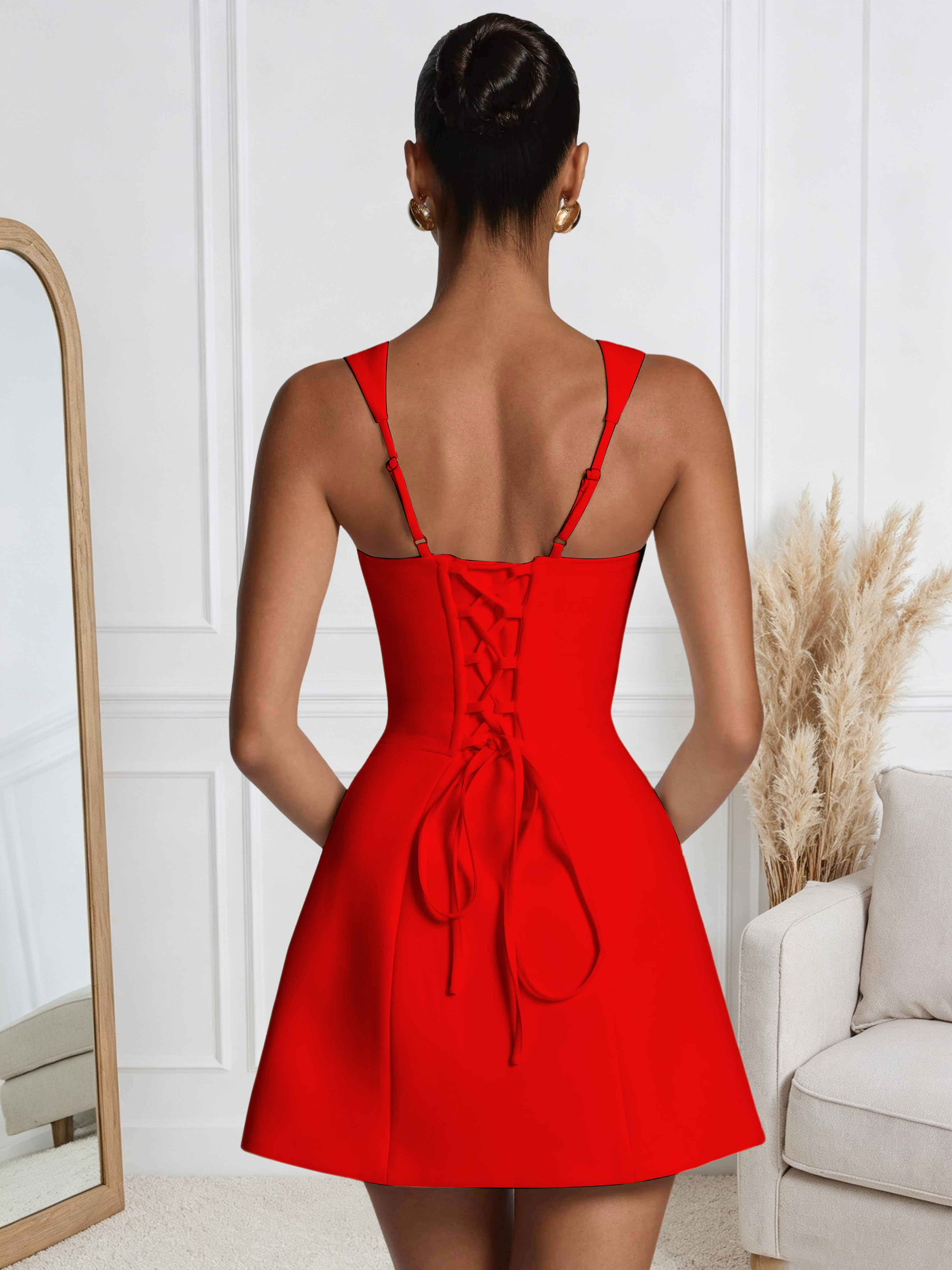 ROVDESY A-Line Square Neck Satin Homecoming Mini Dress