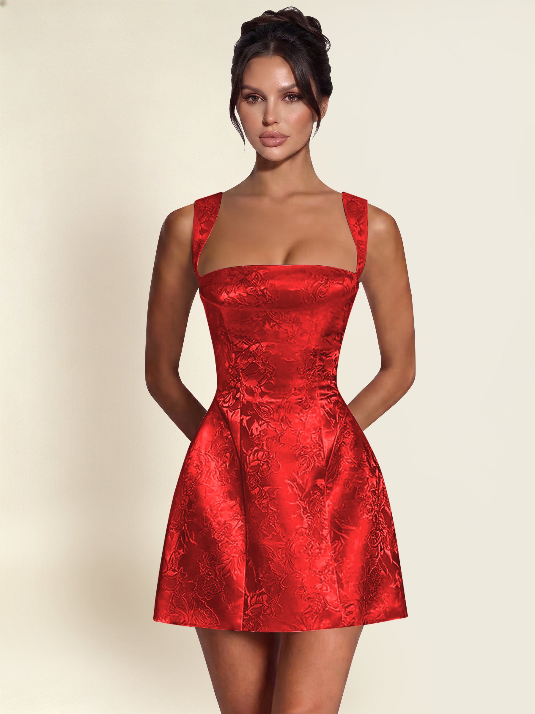 ROVDESY A-Line Square Neck Jacquard Satin Homecoming Mini Dress