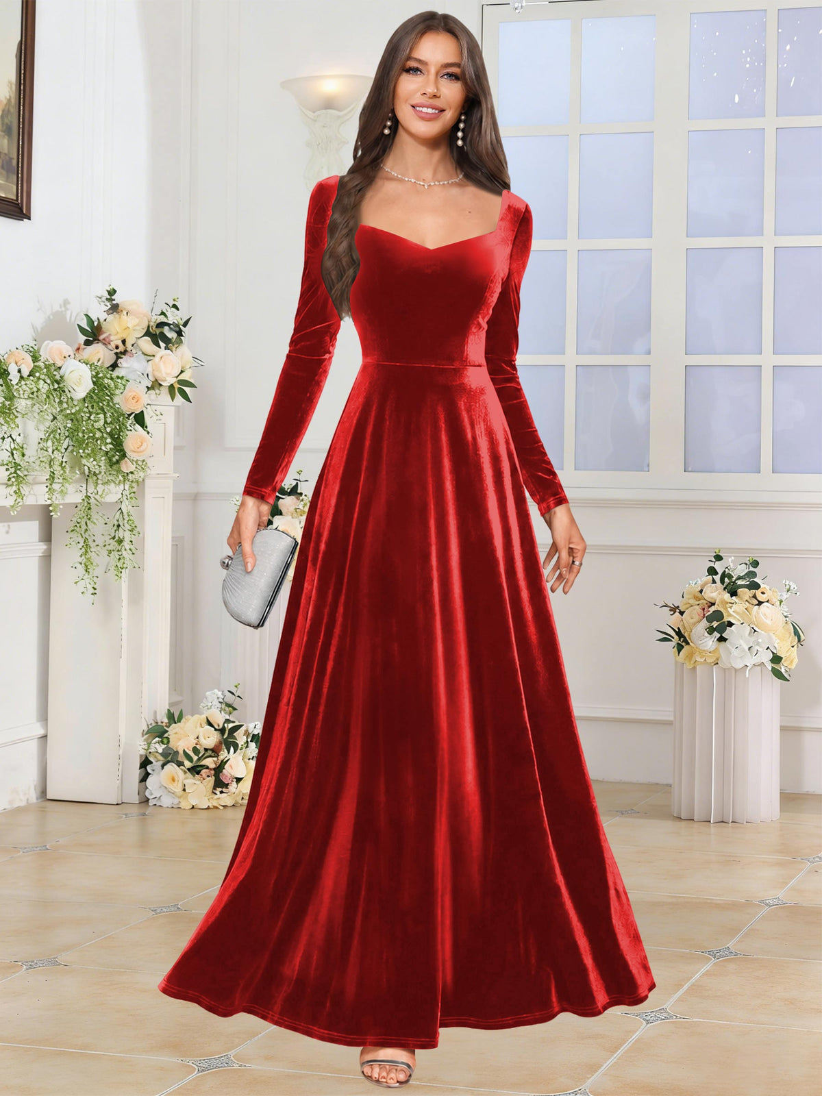 Velvet A Line Long Sleeve Bridesmaid Dresses