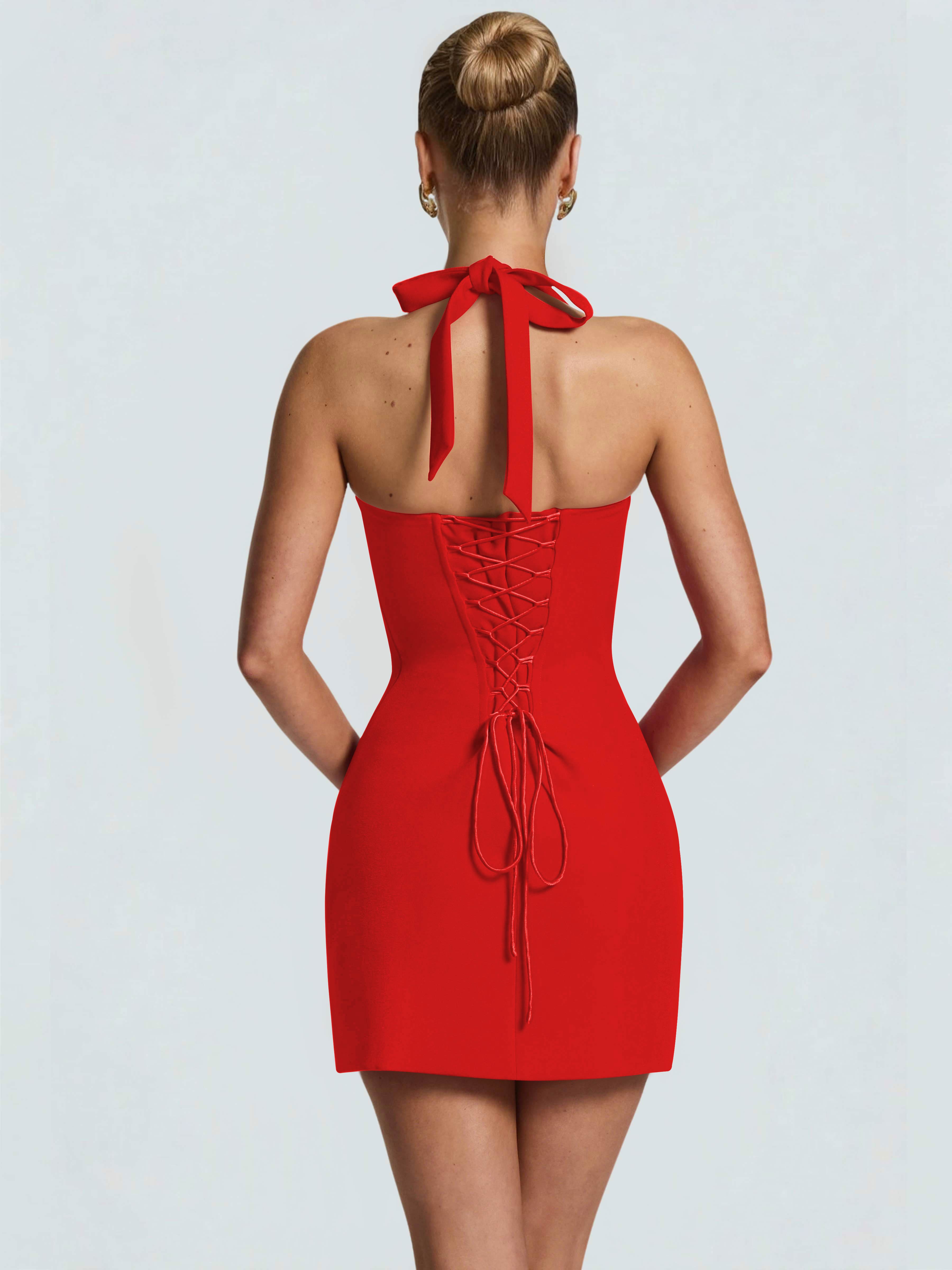 ROVDESY Halter Lace Satin Tight Homecoming Mini Dress