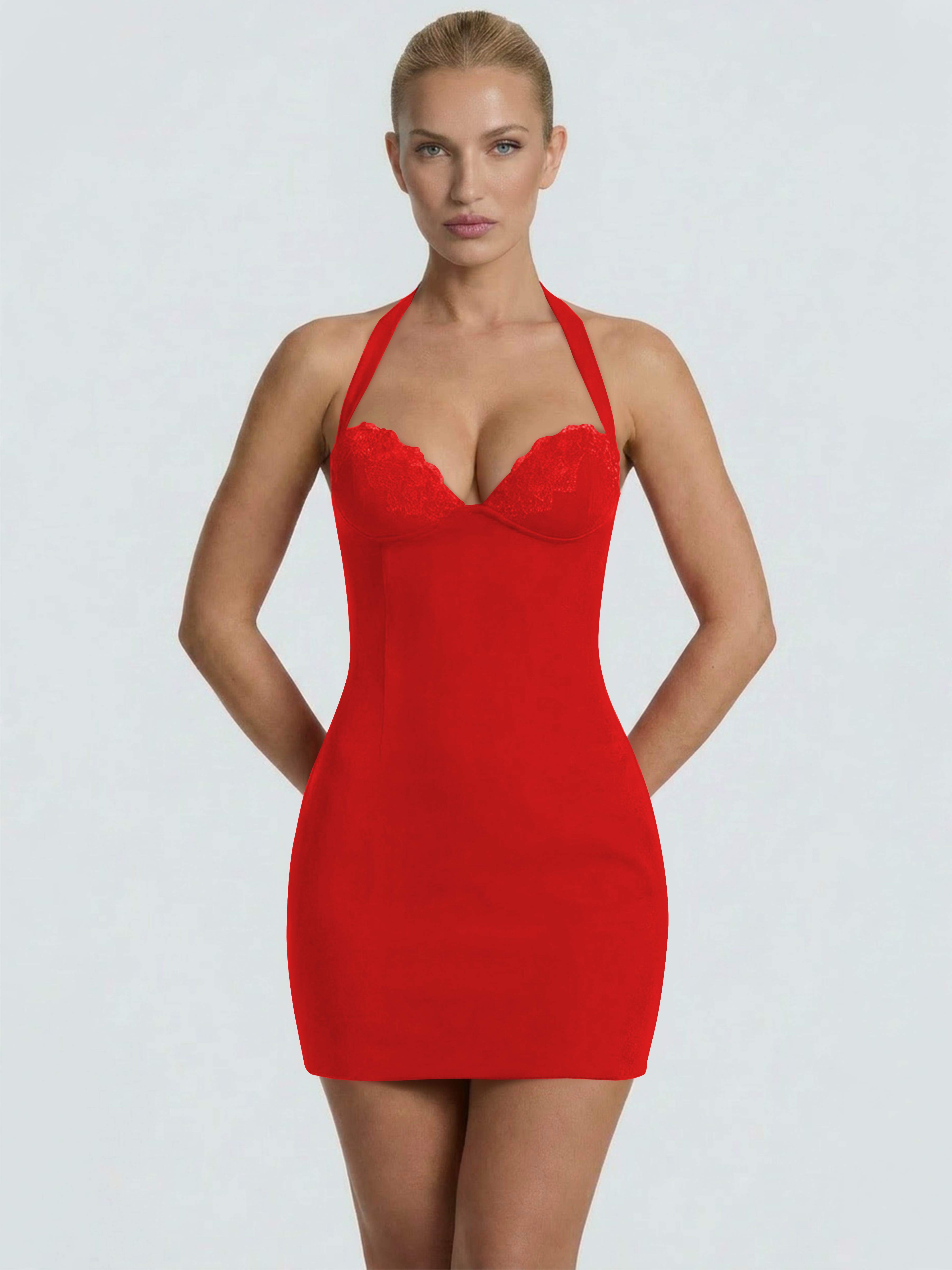 ROVDESY Halter Lace Satin Tight Homecoming Mini Dress