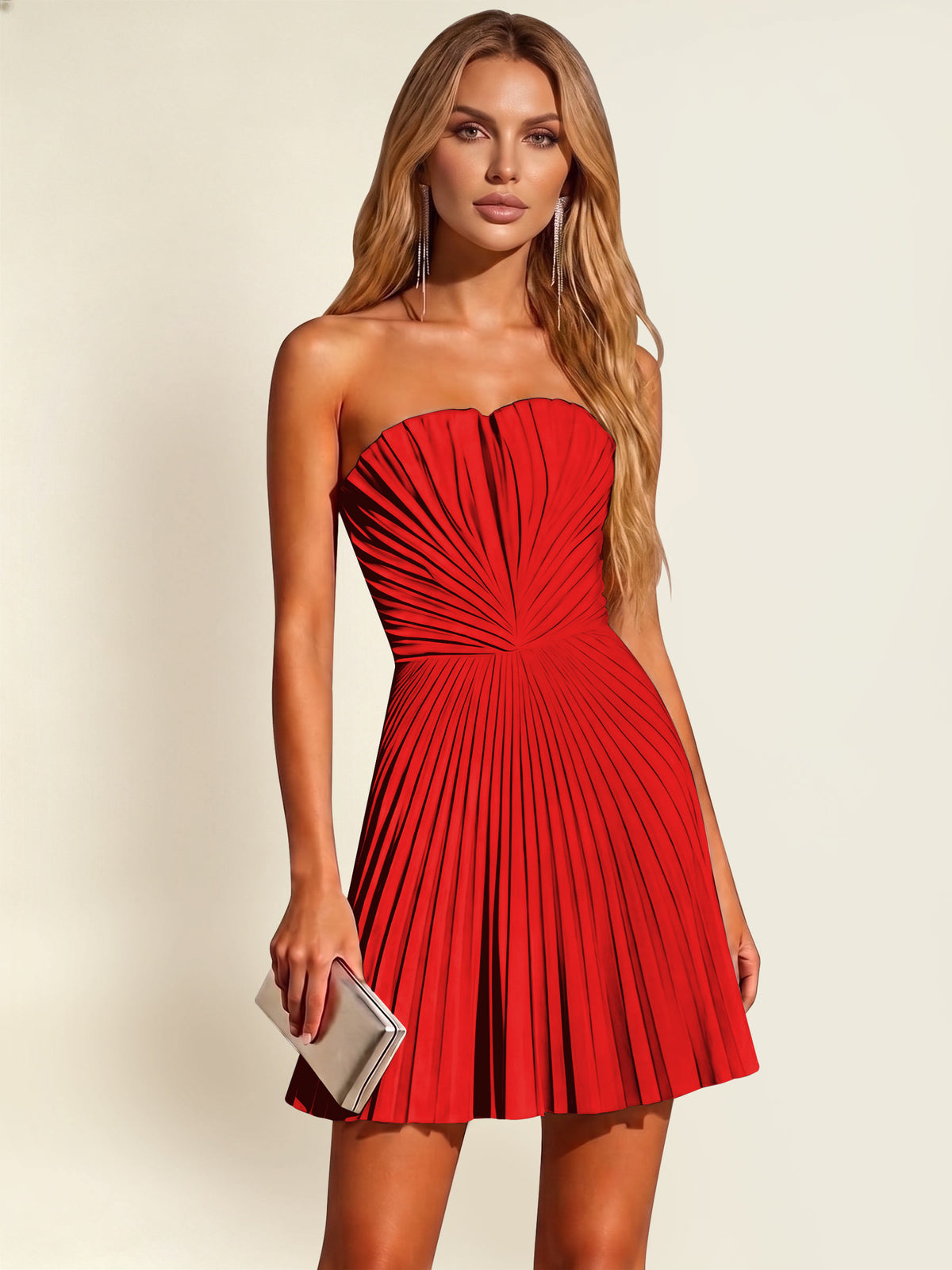 ROVDESY A-Line Strapless Pleated Satin Homecoming Mini Dress