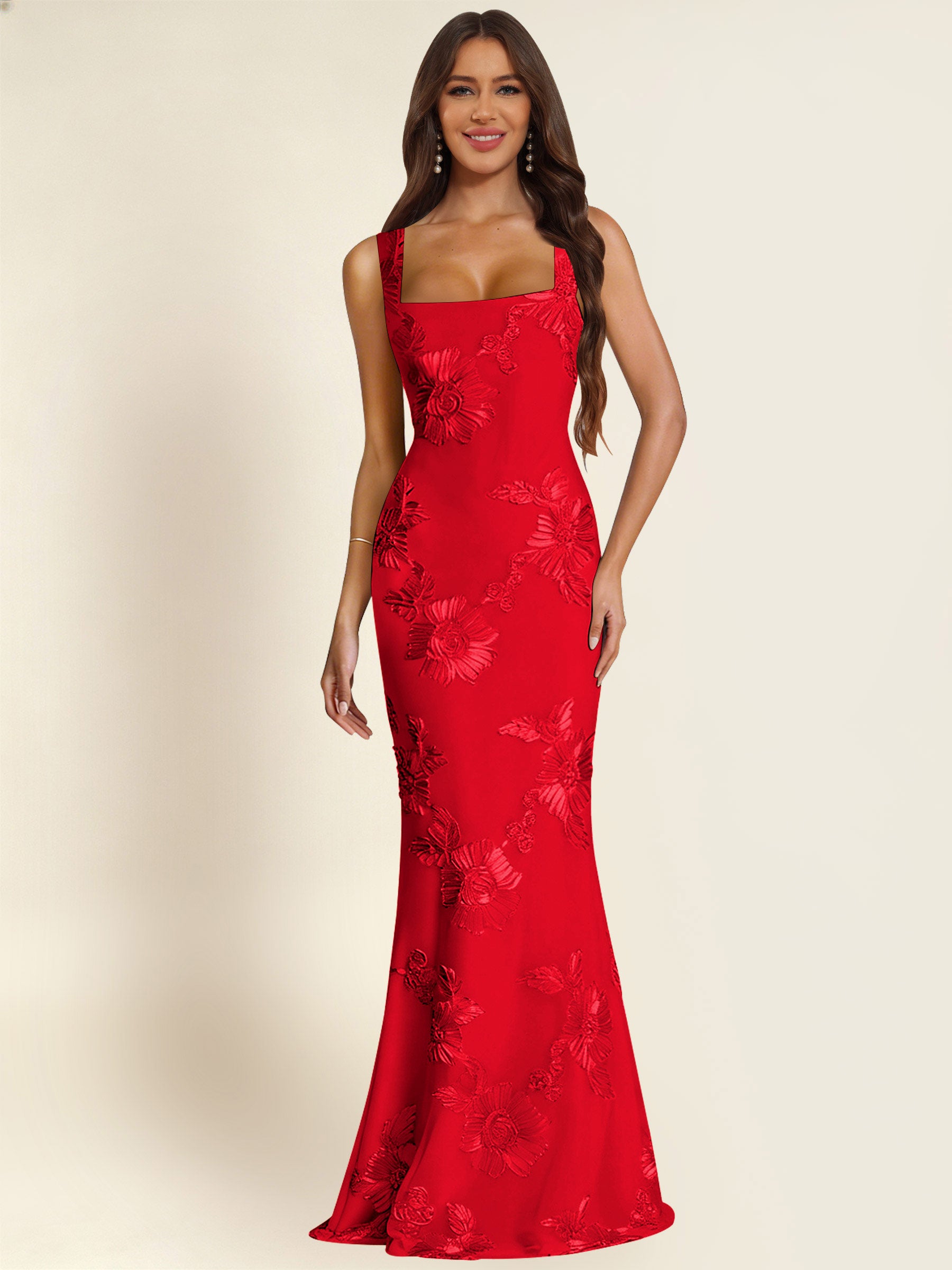 ROVDESY Square Neck Floral Applique Mermaid Long Prom/Bridesmaid Dress