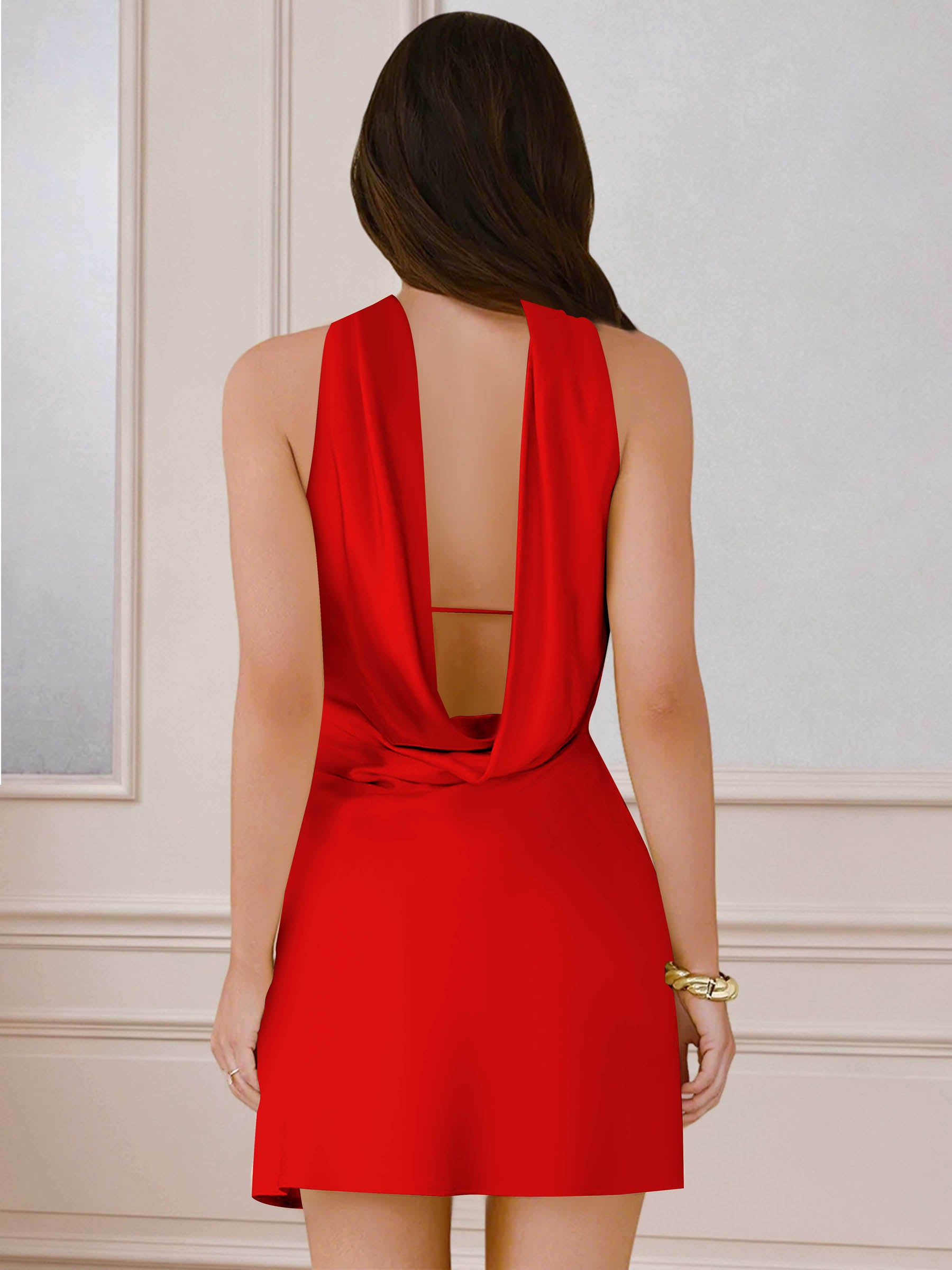 ROVDESY A-Line Halter Neck Satin Homecoming Mini Dress