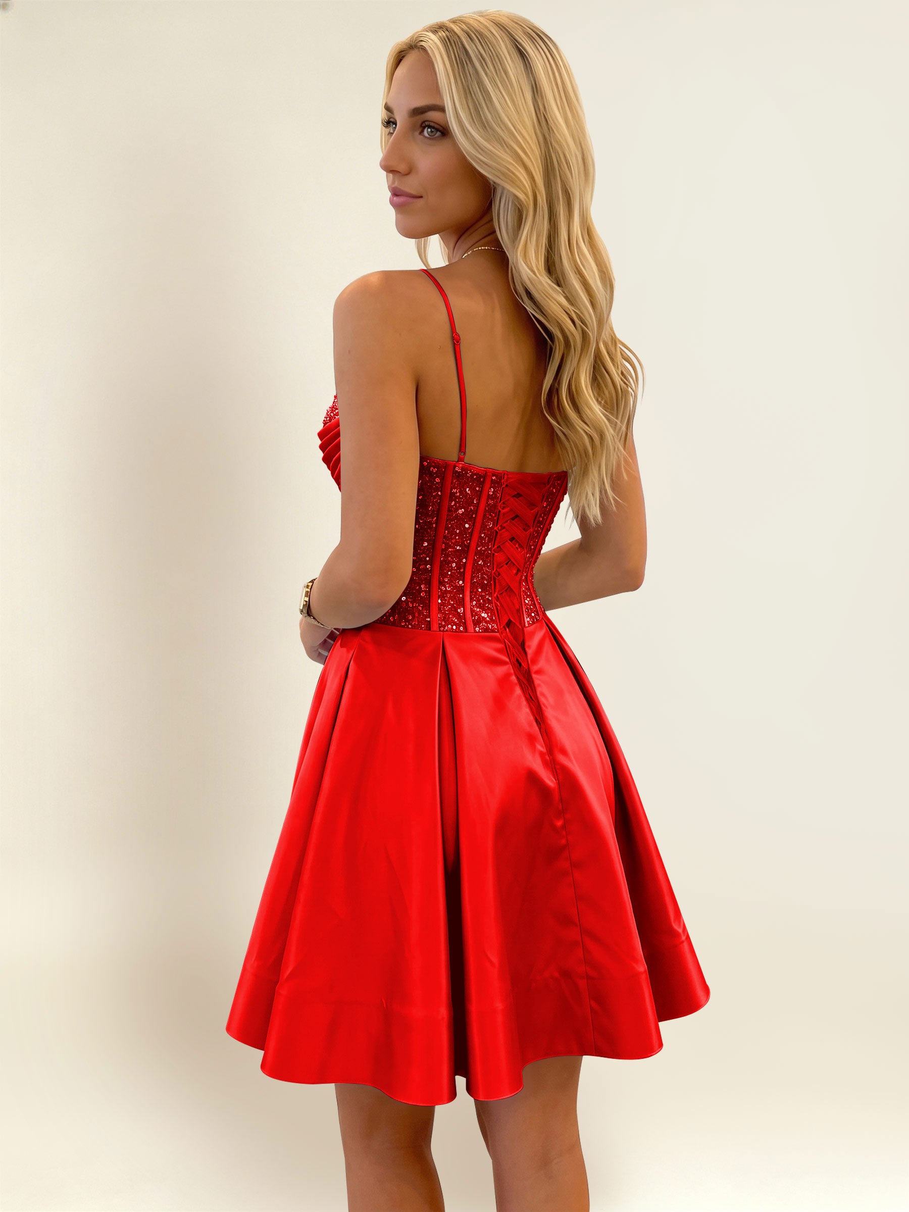 ROVDESY A-Line Spaghetti Strap Sequin Corset Satin Homecoming Mini Dress