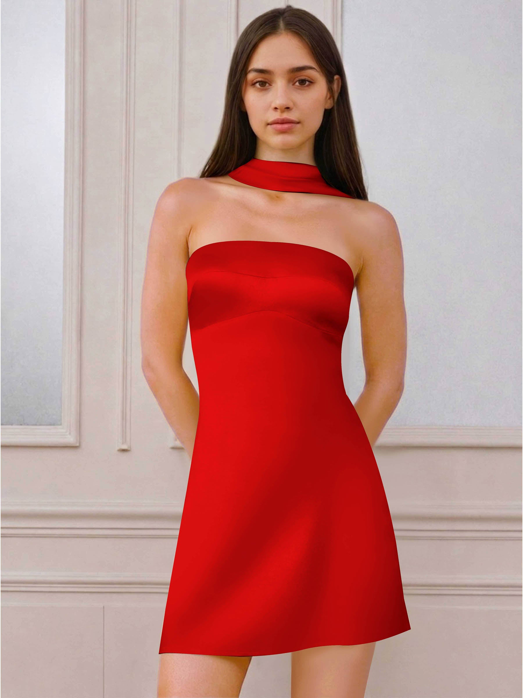 ROVDESY A-Line Halter Neck Satin Homecoming Mini Dress