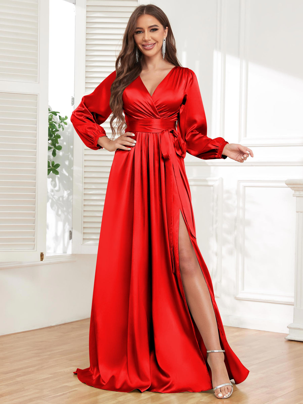 V Neck Satin Long Sleeve Bridesmaid Dress with Slit