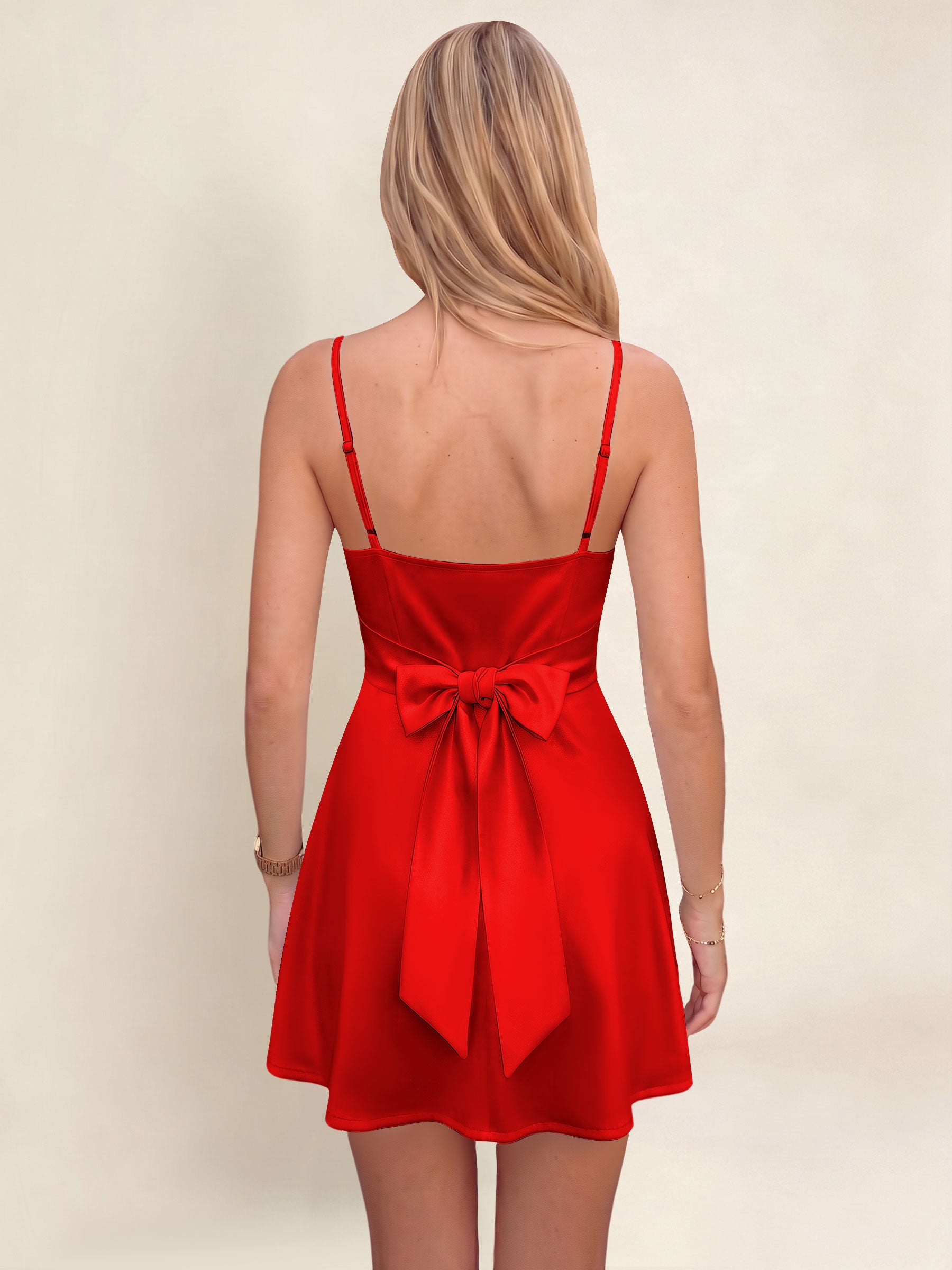 ROVDESY A-Line Spaghetti Strap Cowl Neck Satin Mini Homecoming Dress With Bow