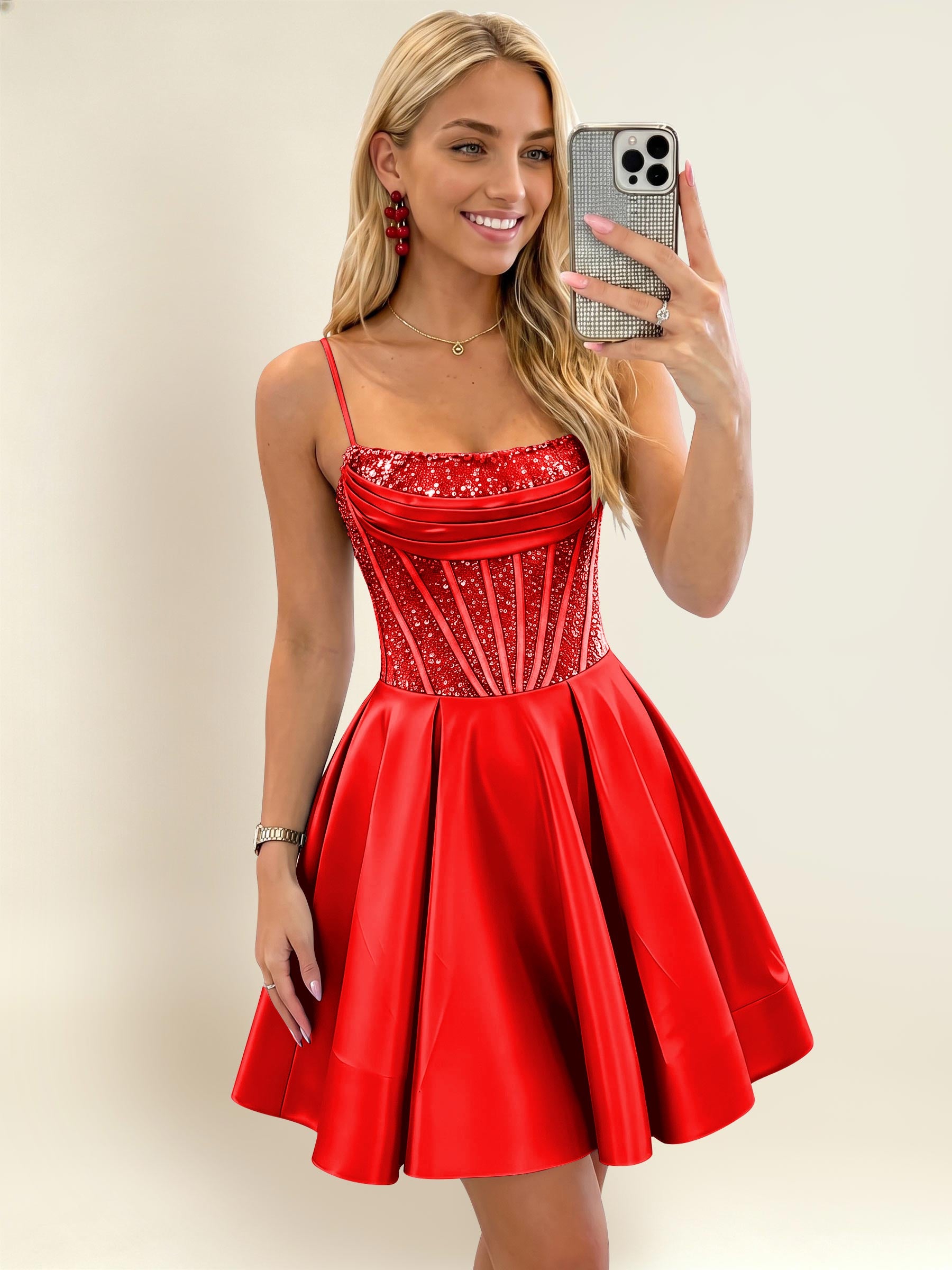 ROVDESY A-Line Spaghetti Strap Sequin Corset Satin Homecoming Mini Dress