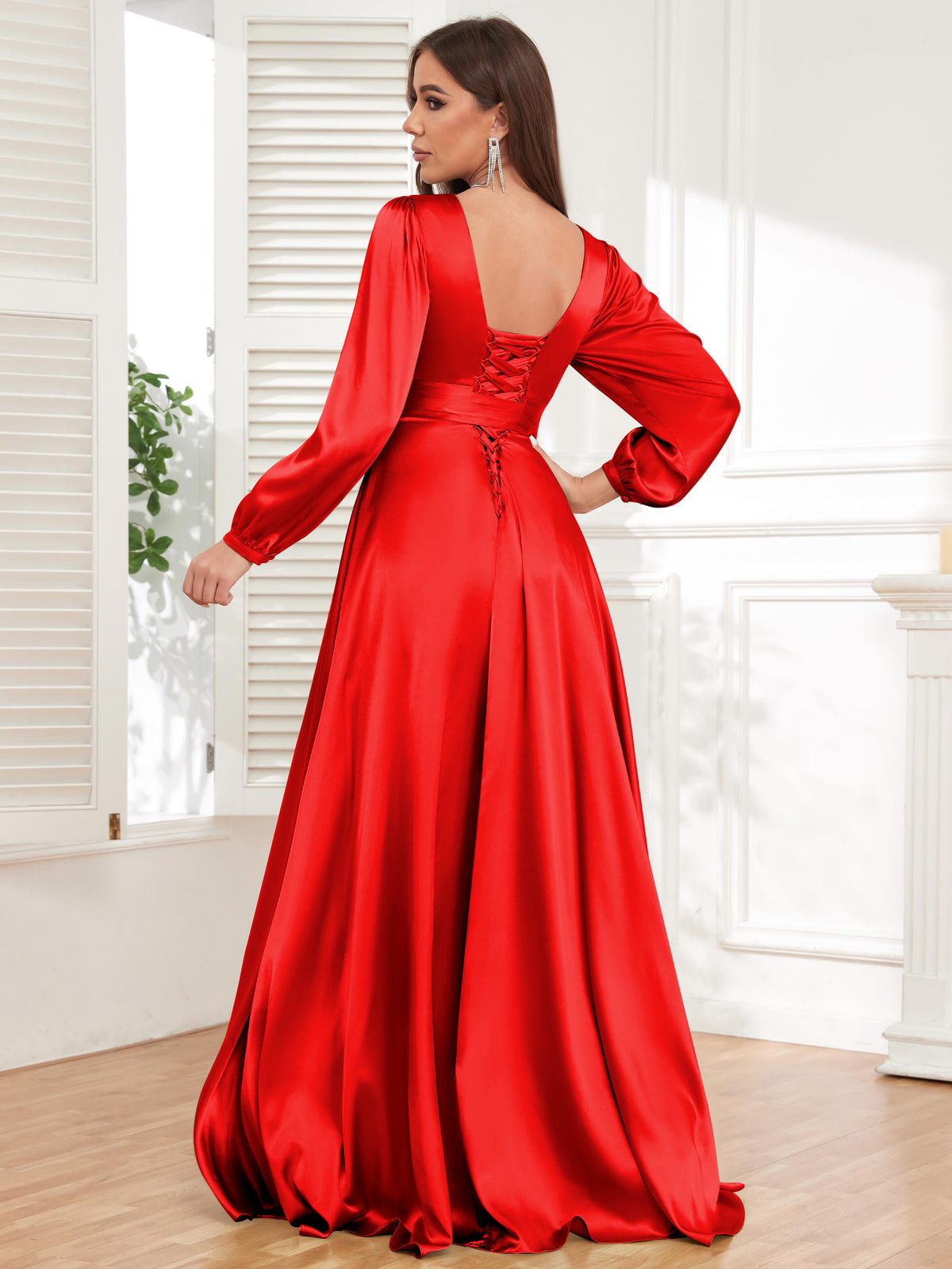 V Neck Satin Long Sleeve Bridesmaid Dress with Slit
