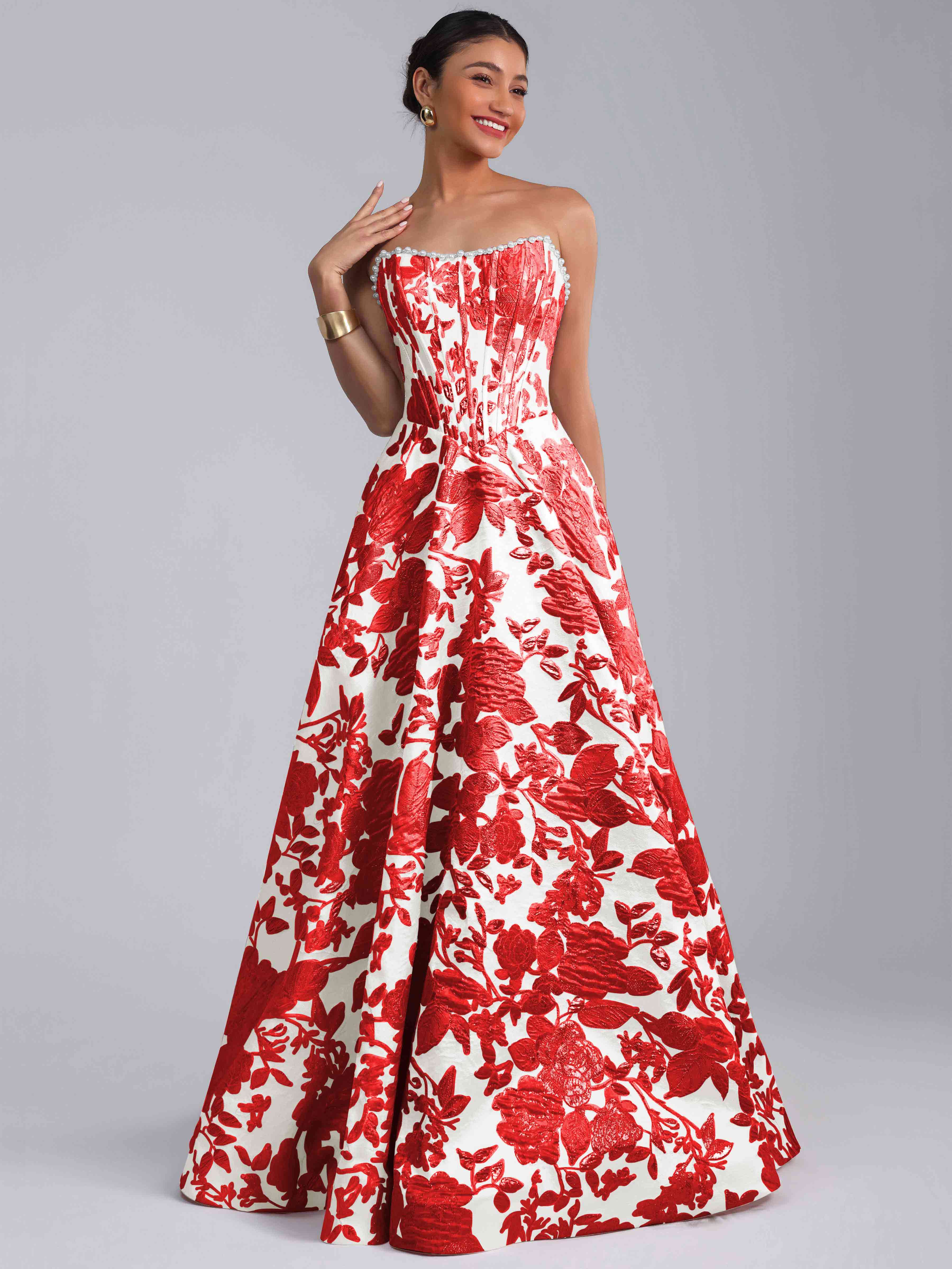 ROVDESY A-Line Strapless Jacquard Satin Prom Dress Long Ball Gown