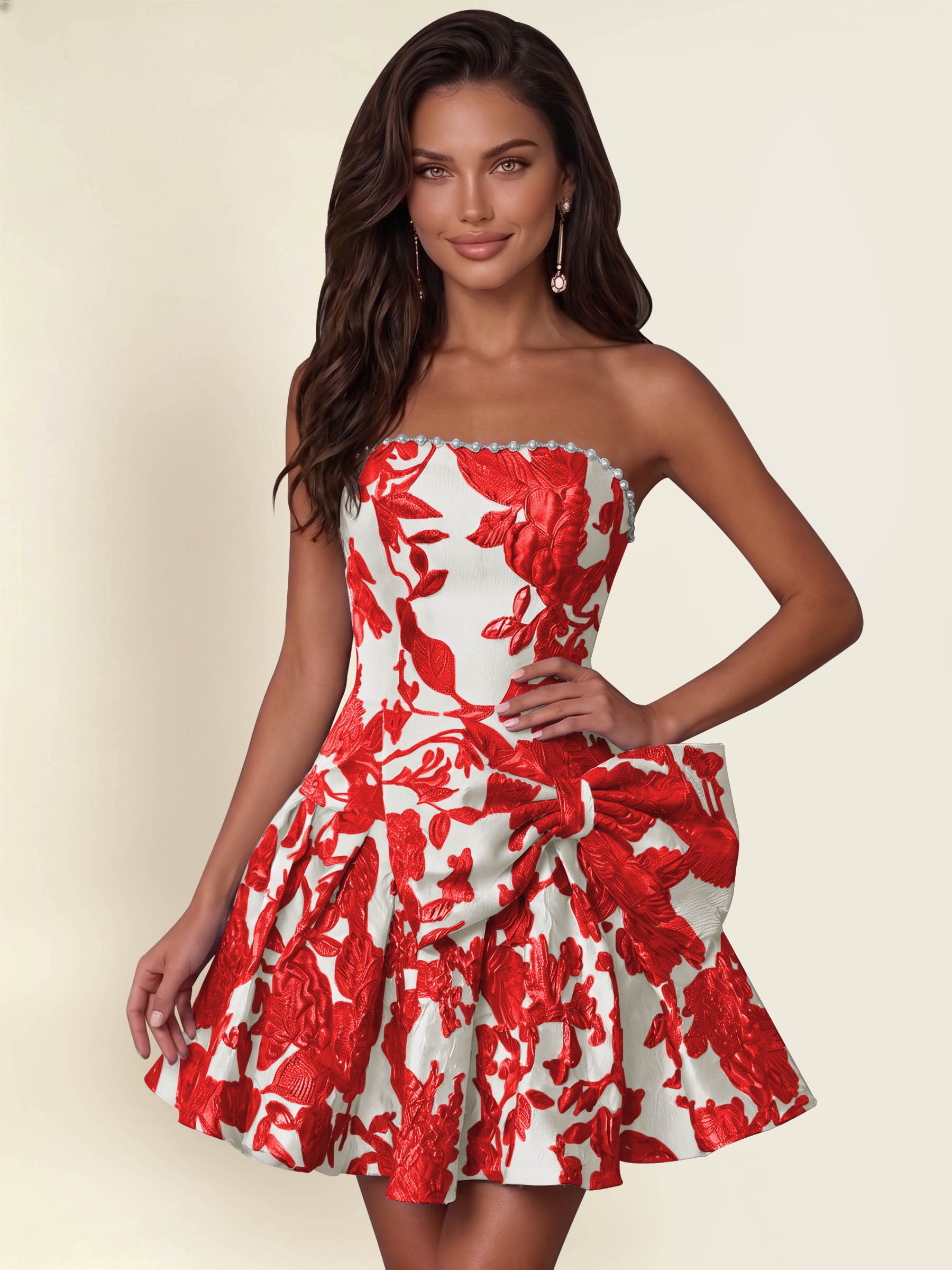 ROVDESY A-Line Strapless Jacquard Satin Homecoming Mini Dress With Big Bow