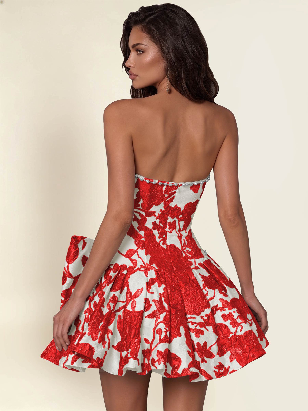 ROVDESY A-Line Strapless Jacquard Satin Homecoming Mini Dress With Big Bow
