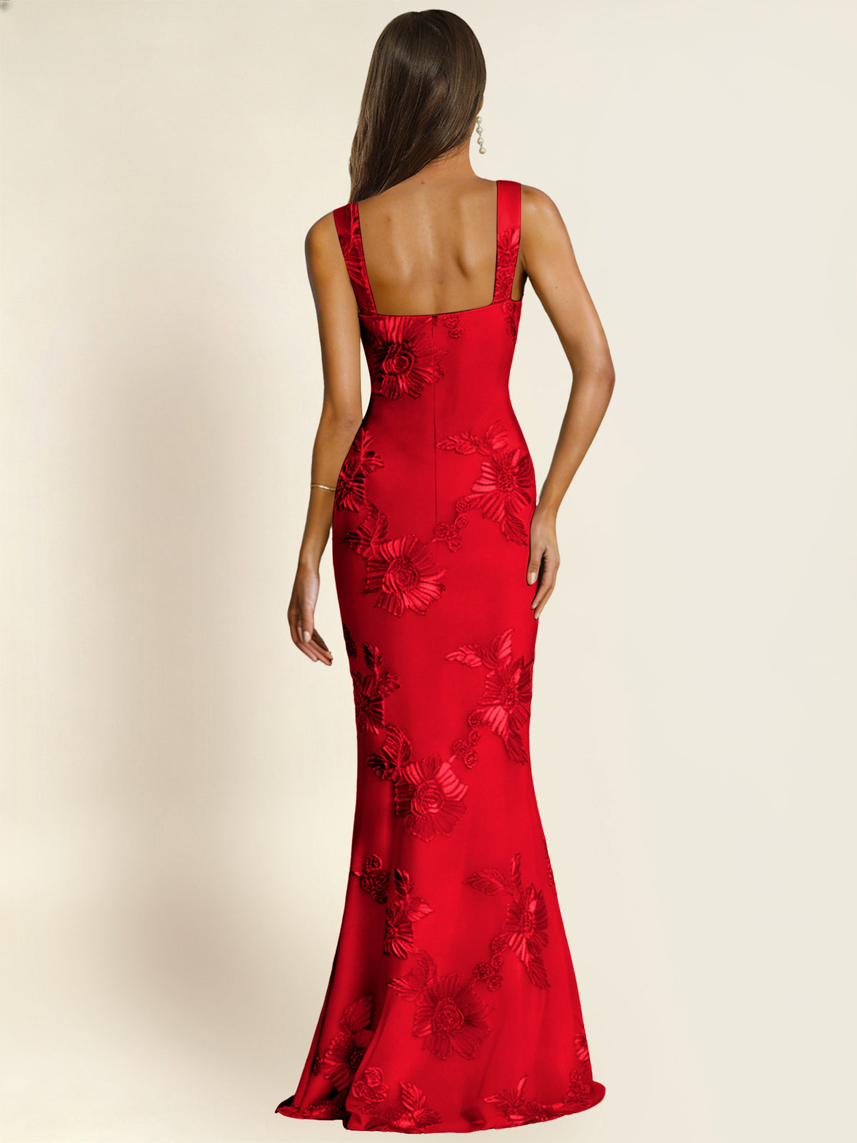 ROVDESY Square Neck Floral Applique Mermaid Long Prom/Bridesmaid Dress
