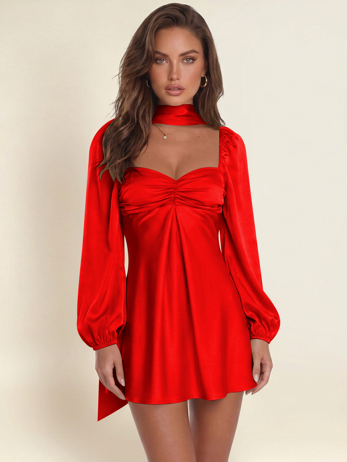A-Line Long Sleeve Satin Mini Homecoming Dress with Scarf