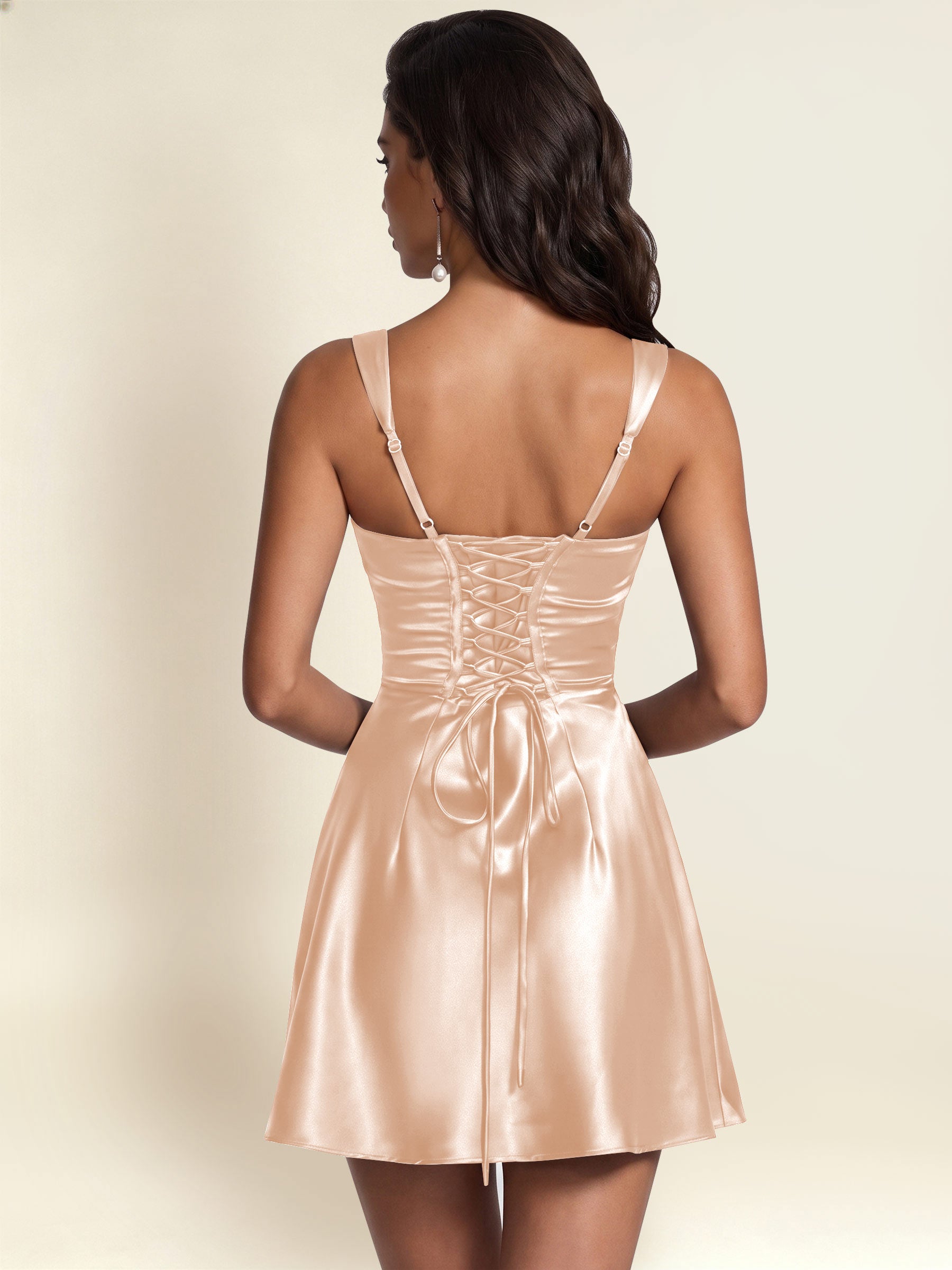 ROVDESY Square Neck Pleated Satin Homecoming Mini Dress