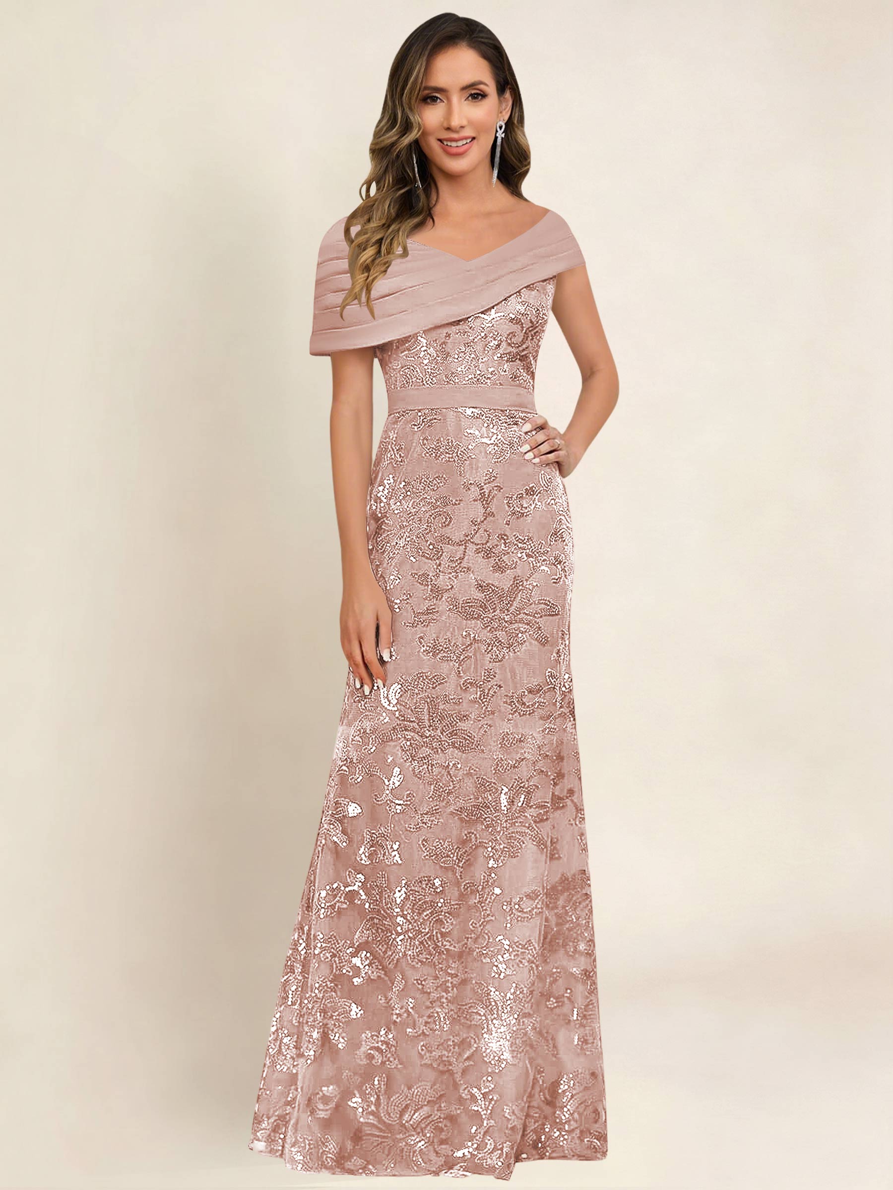 ROVDESY Off the Shoulder Sequin Mermaid Long Mother Of The Bride Dress Formal Gown