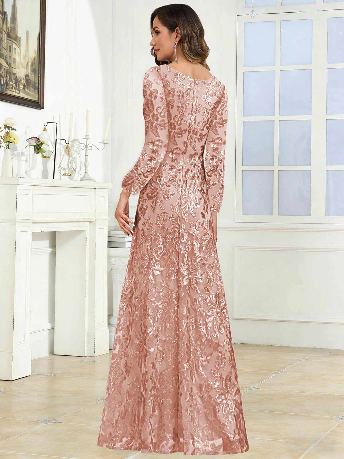 Crew Neck Sequin Lace Long Sleeve Mother of the Bride Dress