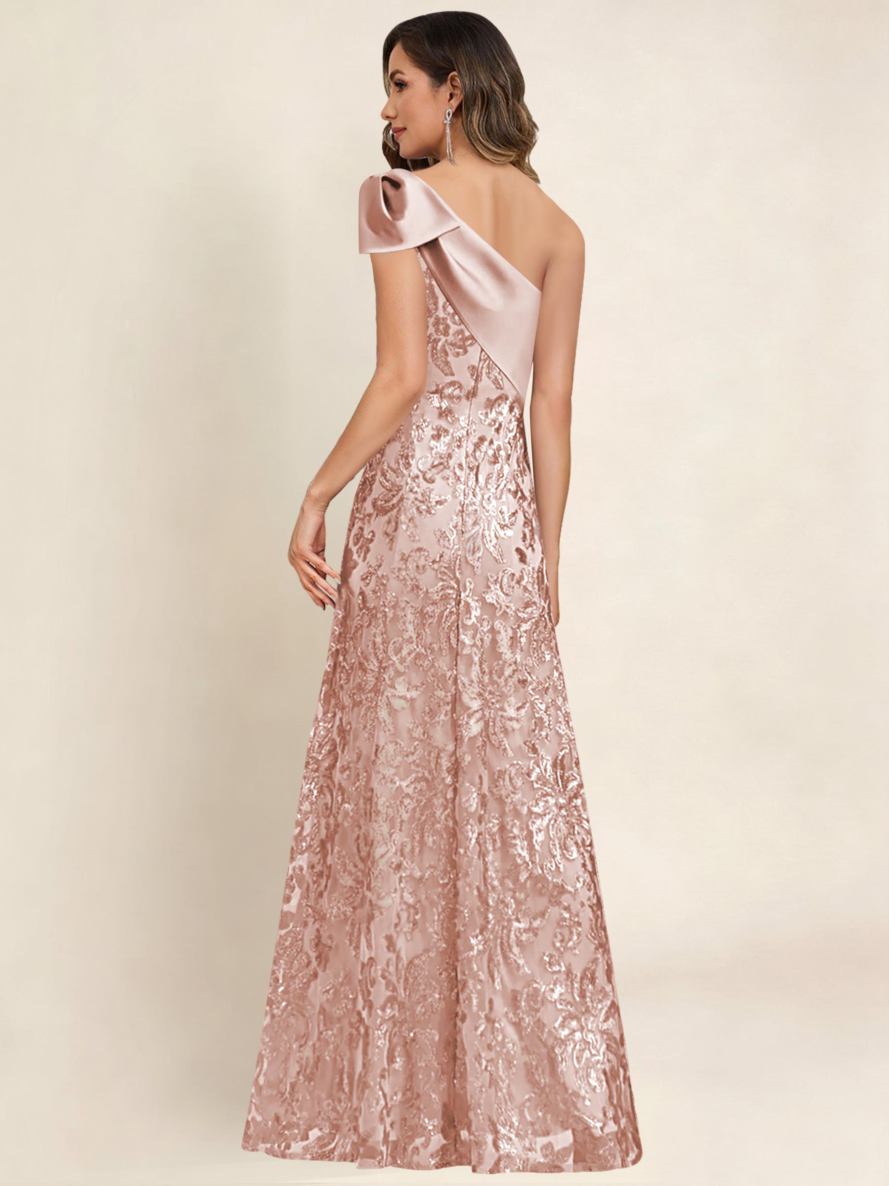ROVDESY One Shoulder Sequin Mermaid Long Mother Of The Bride Dress Formal Gown With Bow