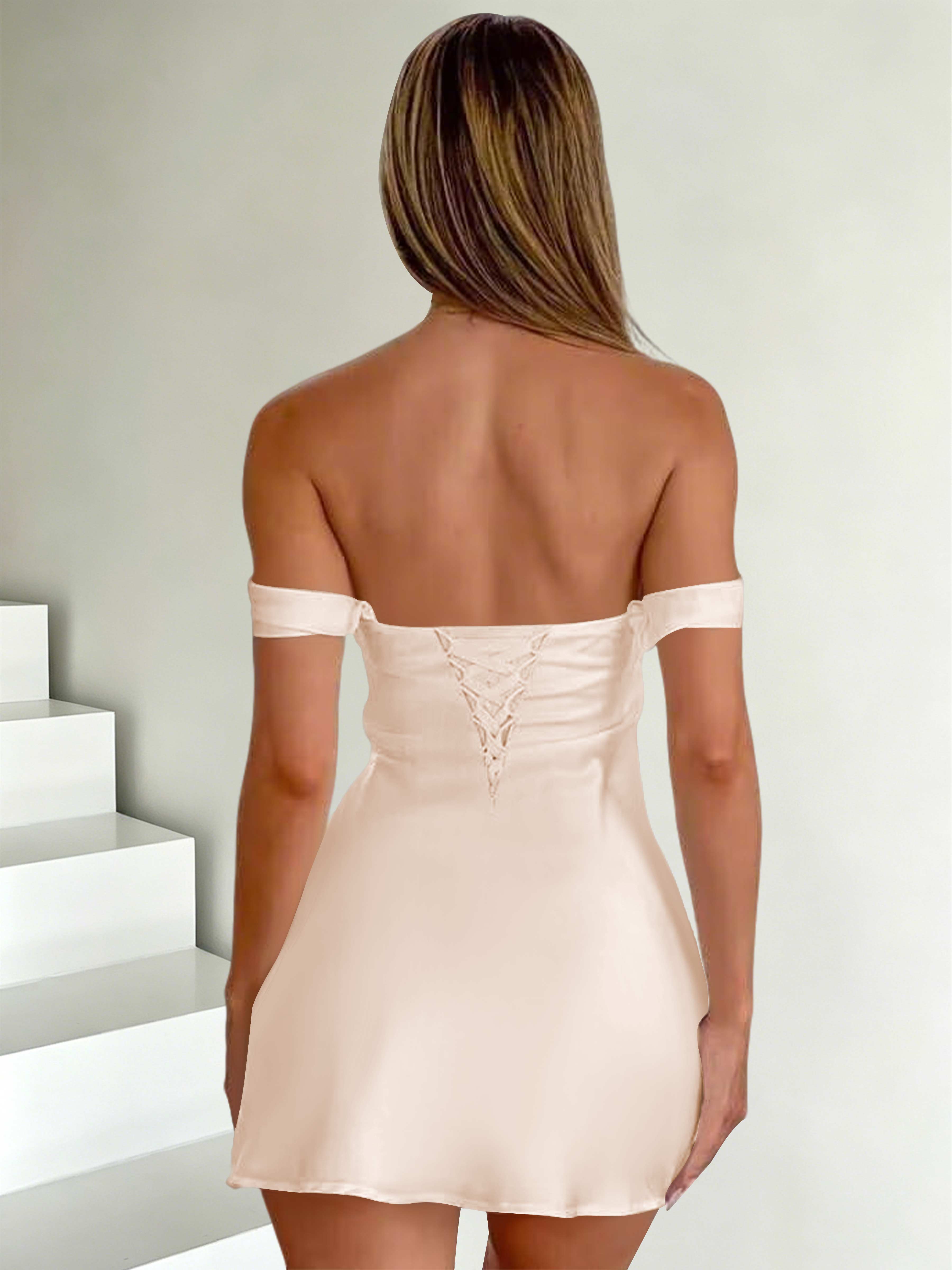ROVDESY Off The Shoulder A-Line Pleated Satin Homecoming Mini Dress