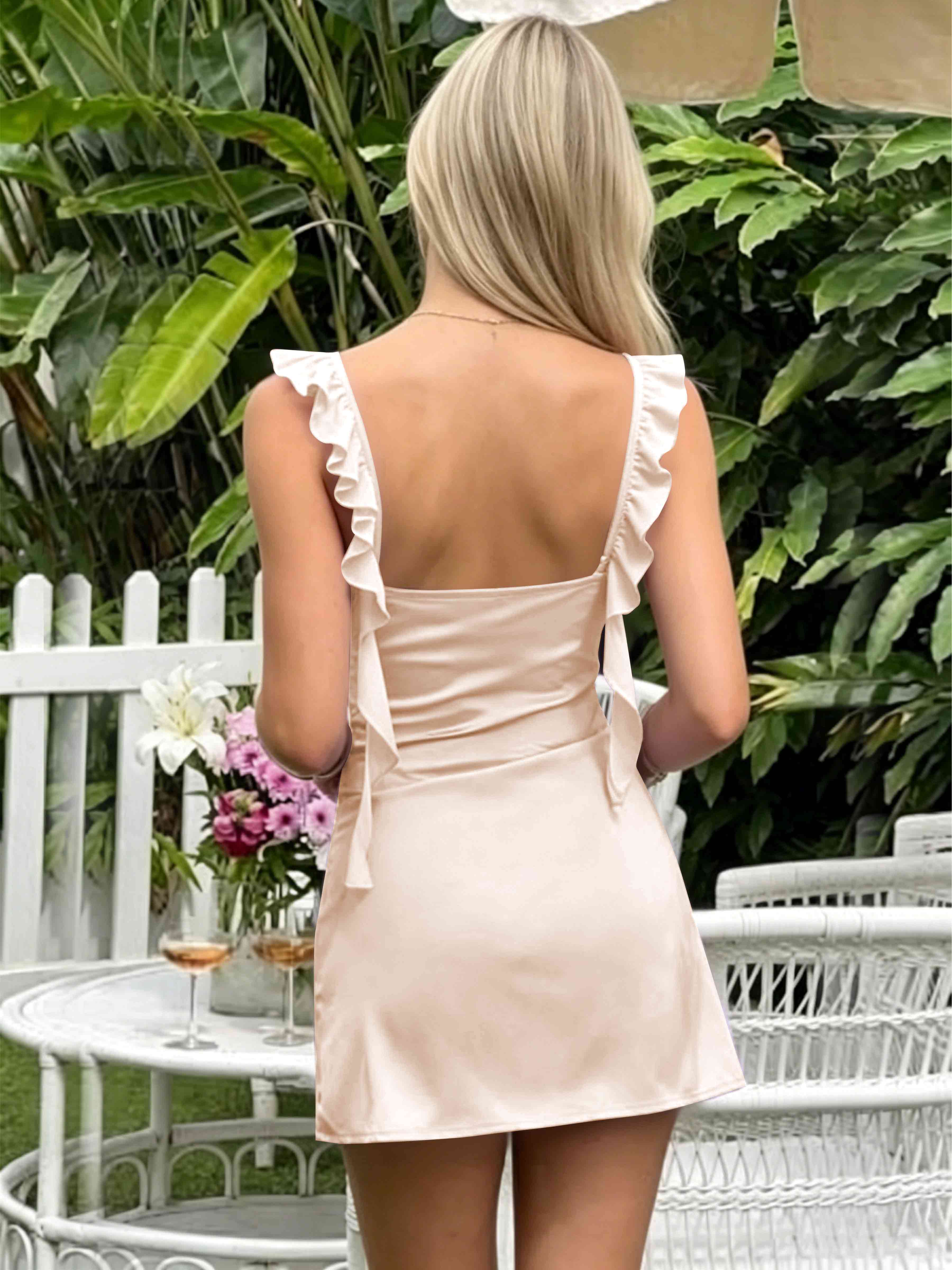 ROVDESY A-Line Ruffle Strap Satin Homecoming Mini Dress