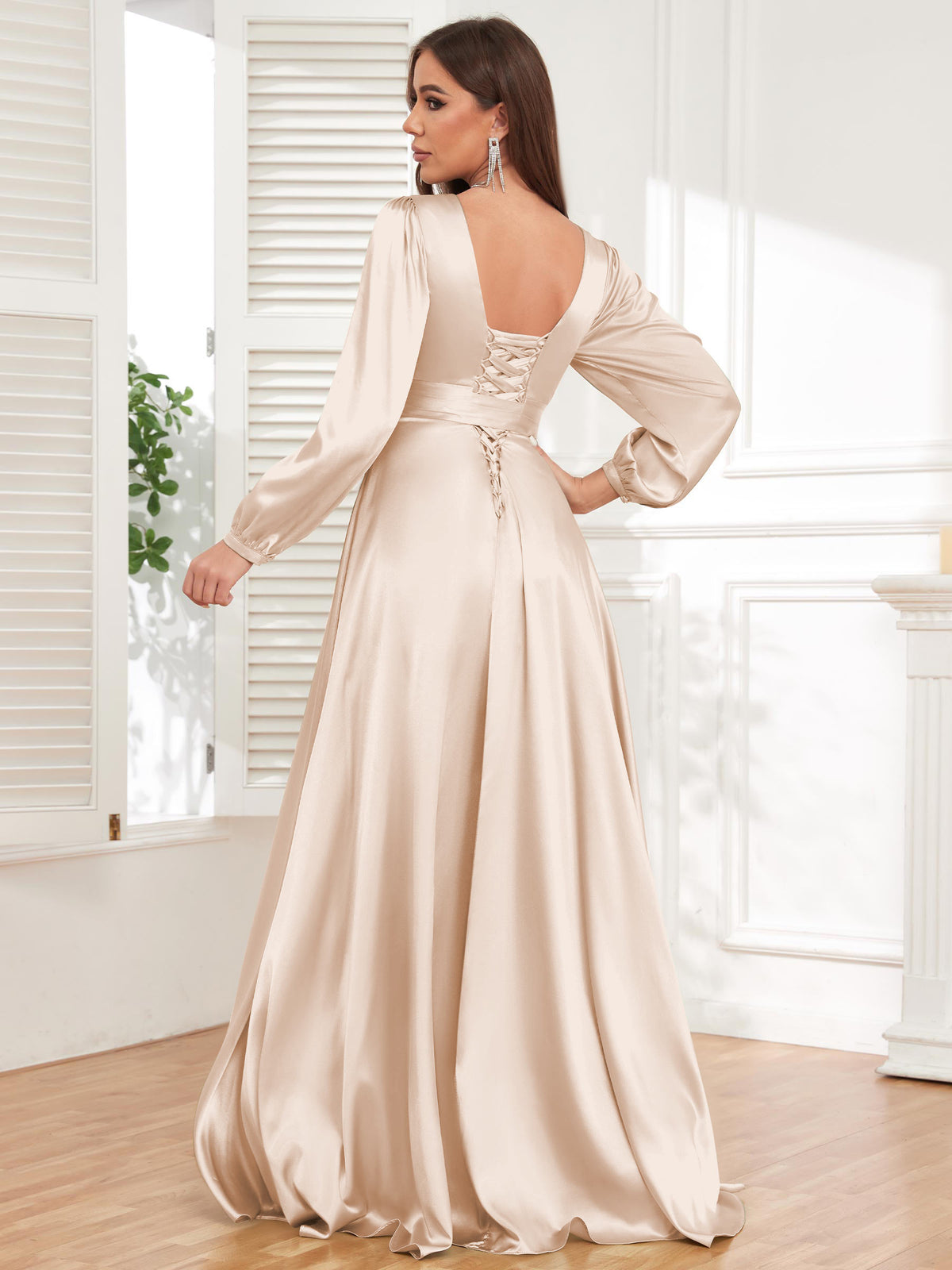 V Neck Satin Long Sleeve Bridesmaid Dress with Slit