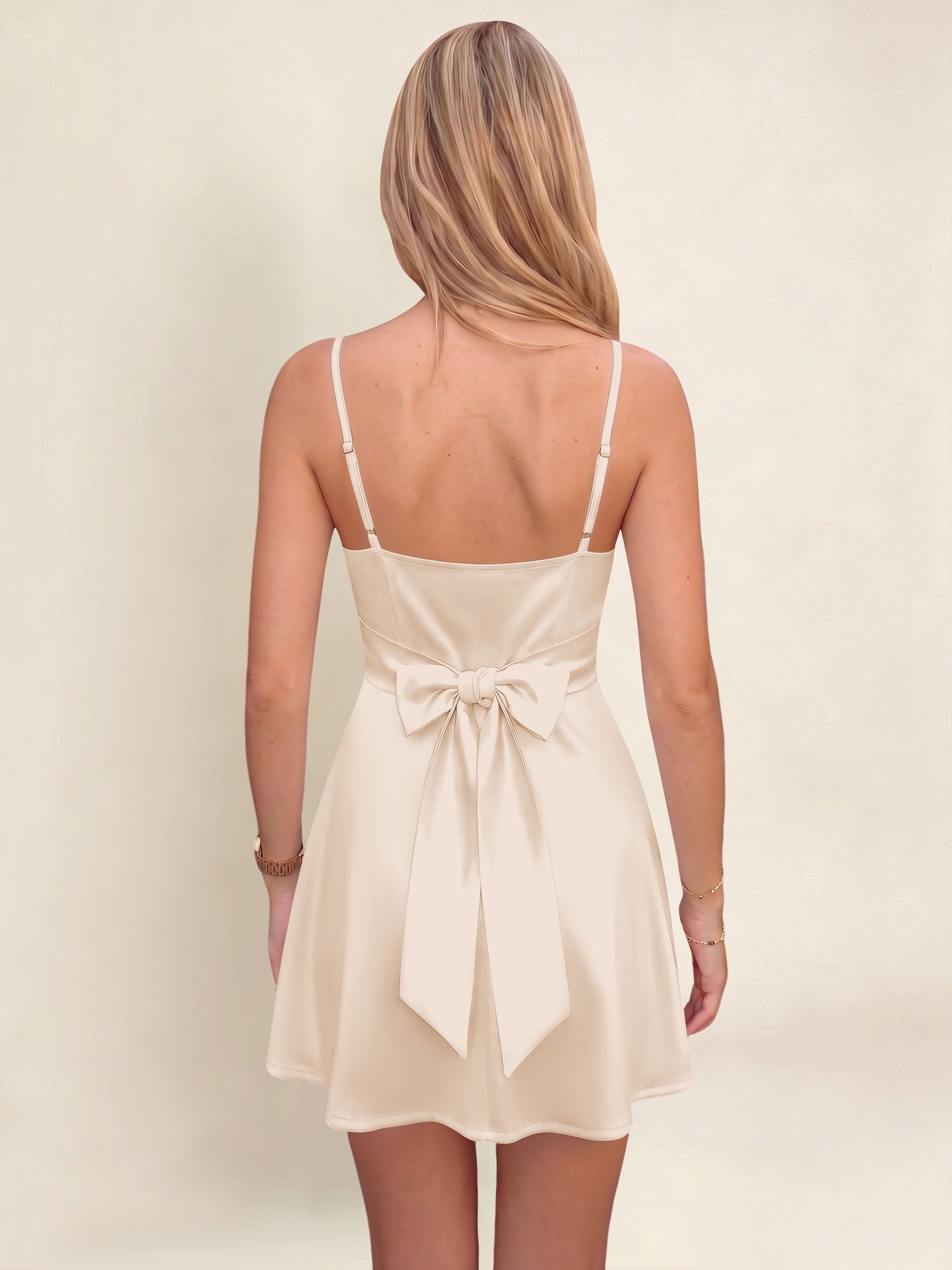 ROVDESY A-Line Spaghetti Strap Cowl Neck Satin Mini Homecoming Dress With Bow