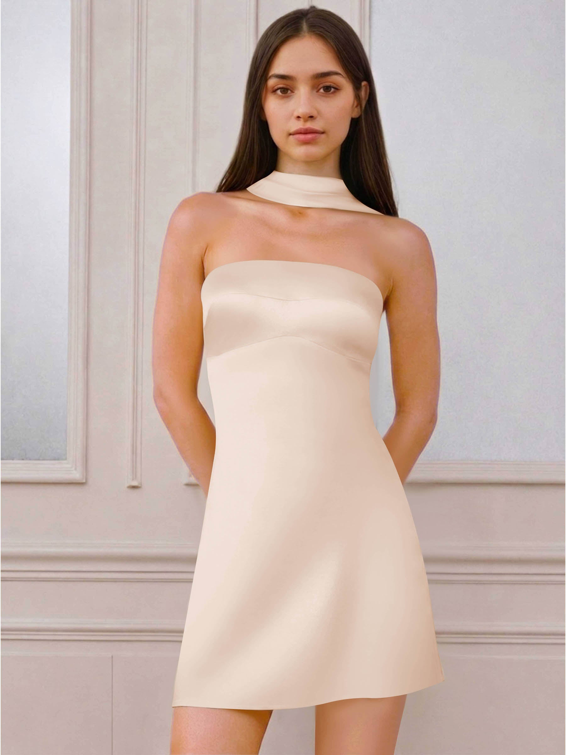 ROVDESY A-Line Halter Neck Satin Homecoming Mini Dress