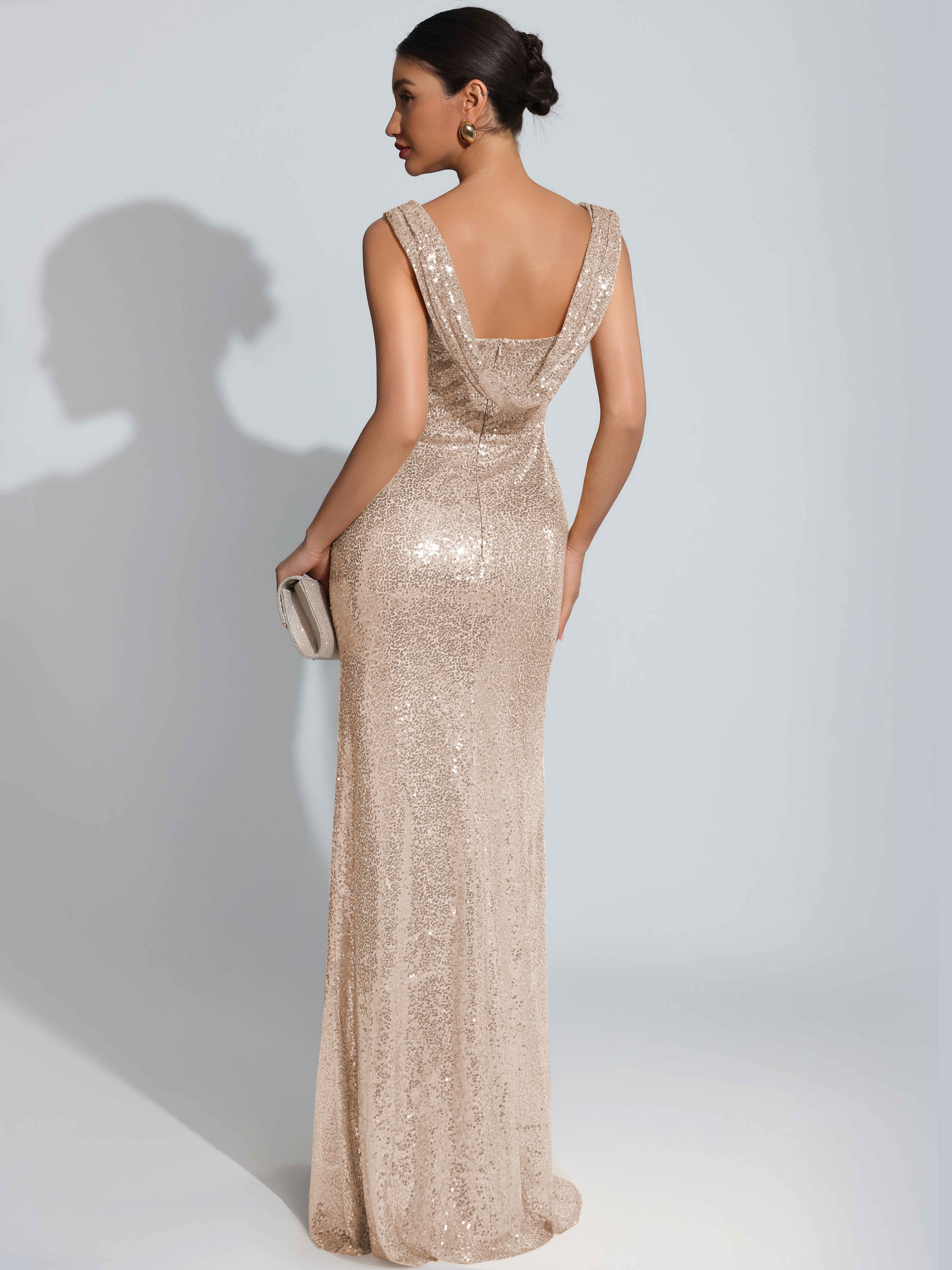 ROVDESY Sparkly Bateau Mermaid Ruched Sequin Long Prom Dress with Slit