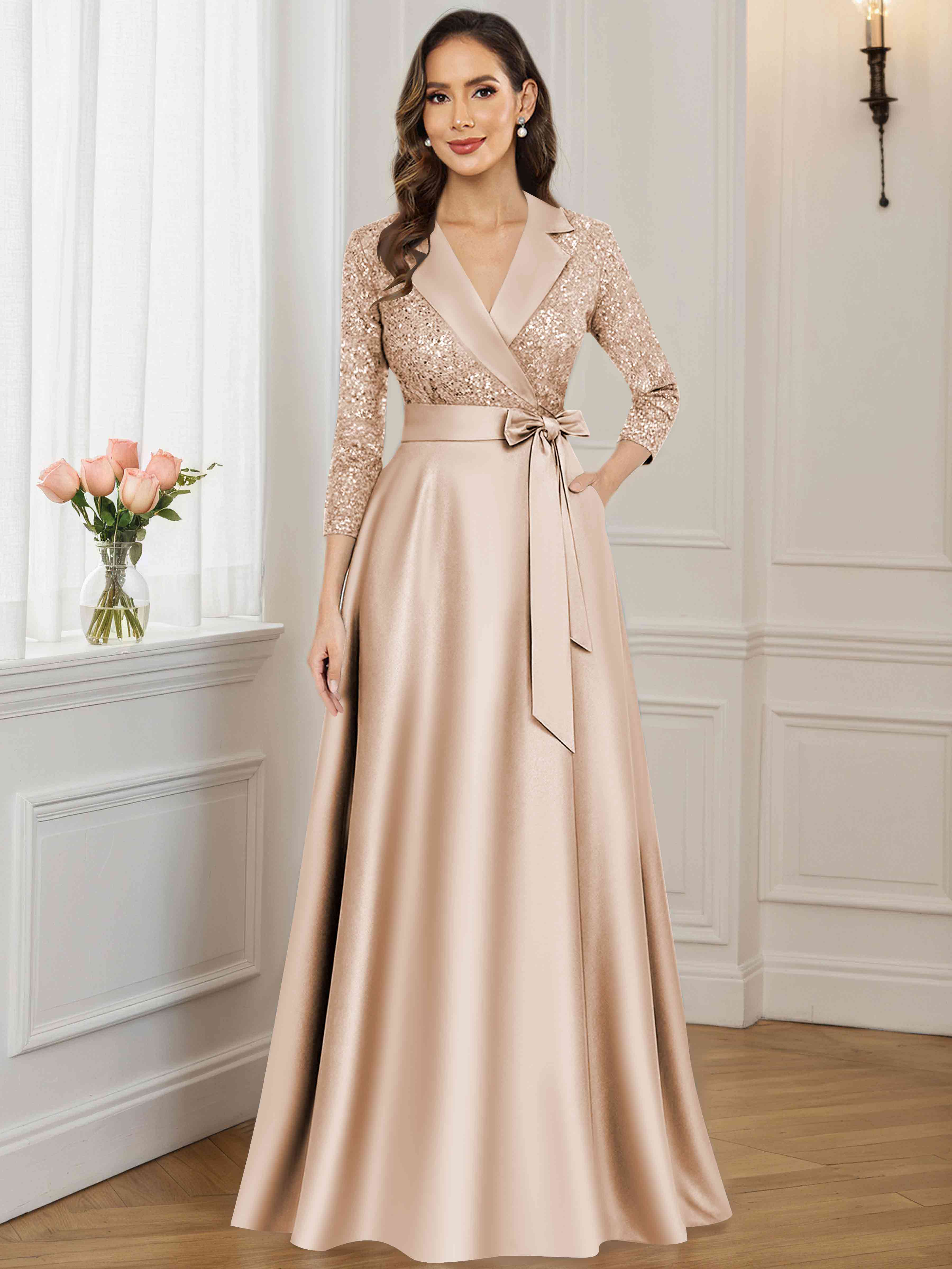 ROVDESY A-Line V Neck Sequin Satin  Long Mother of The Bride Dress Formal Gown With 3/4 Sleeves