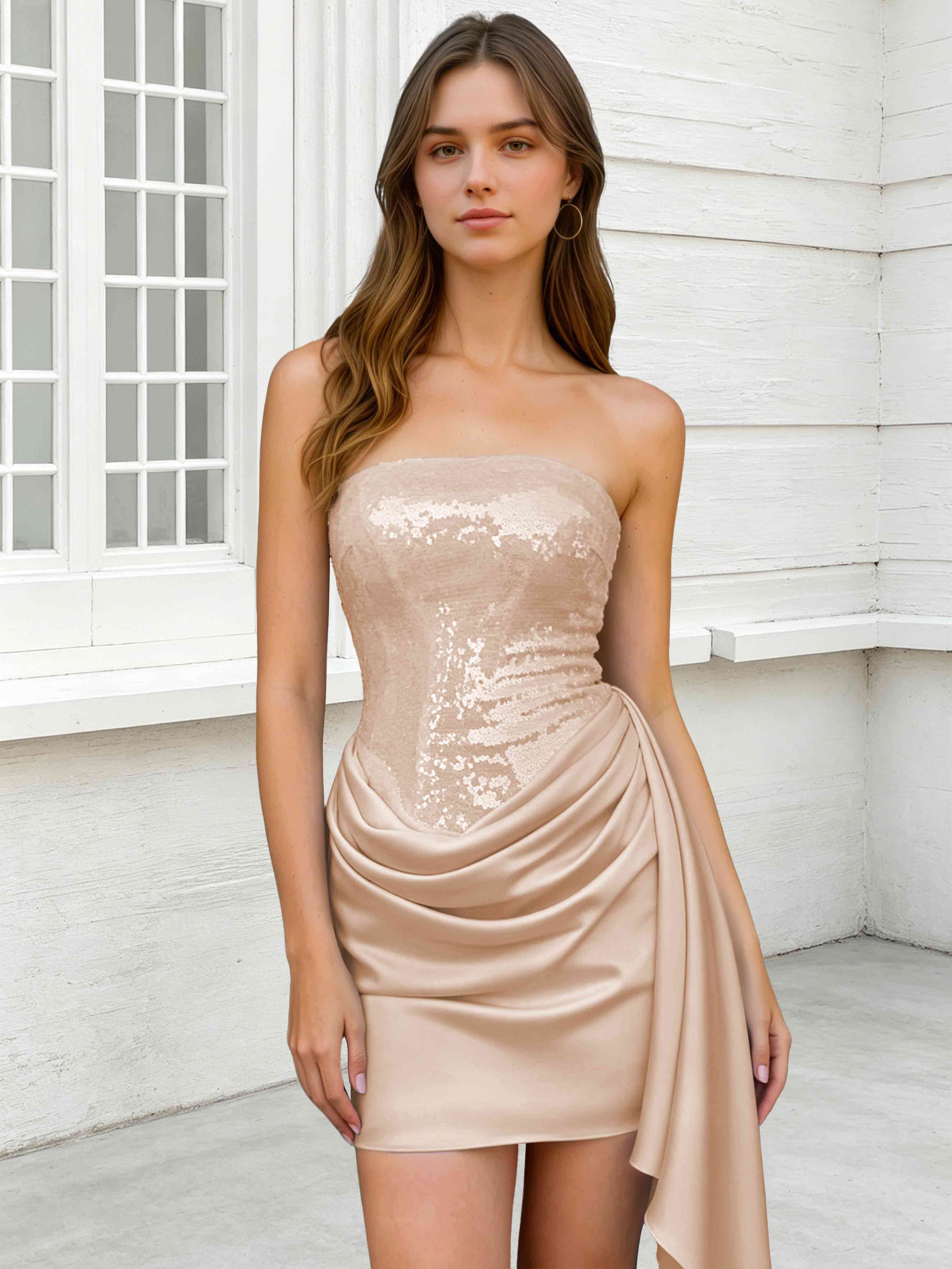 ROVDES Strapless Sequin Satin Tight Homecoming Mini Dress With Side Sash