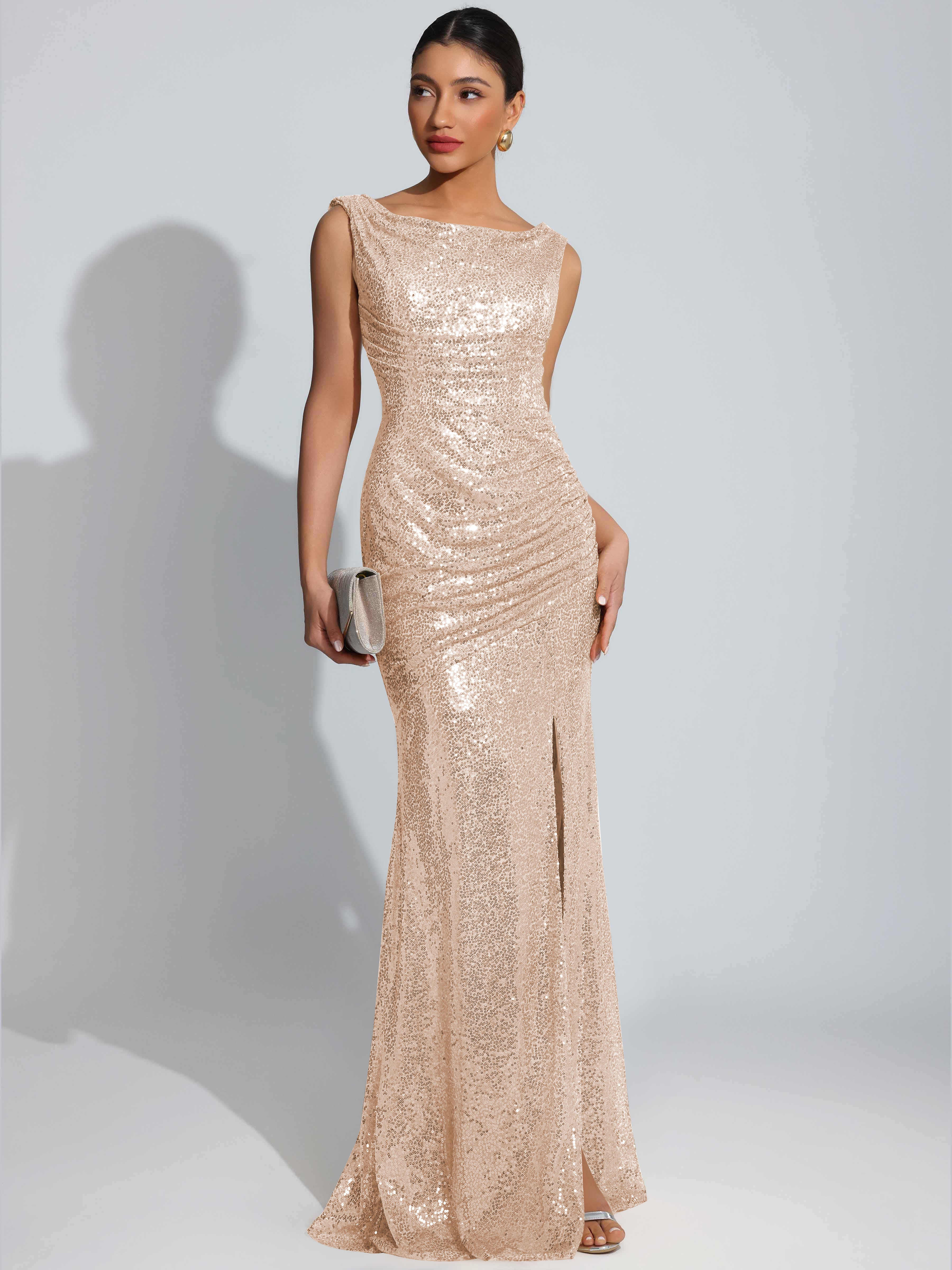 ROVDESY Sparkly Bateau Mermaid Ruched Sequin Long Prom Dress with Slit