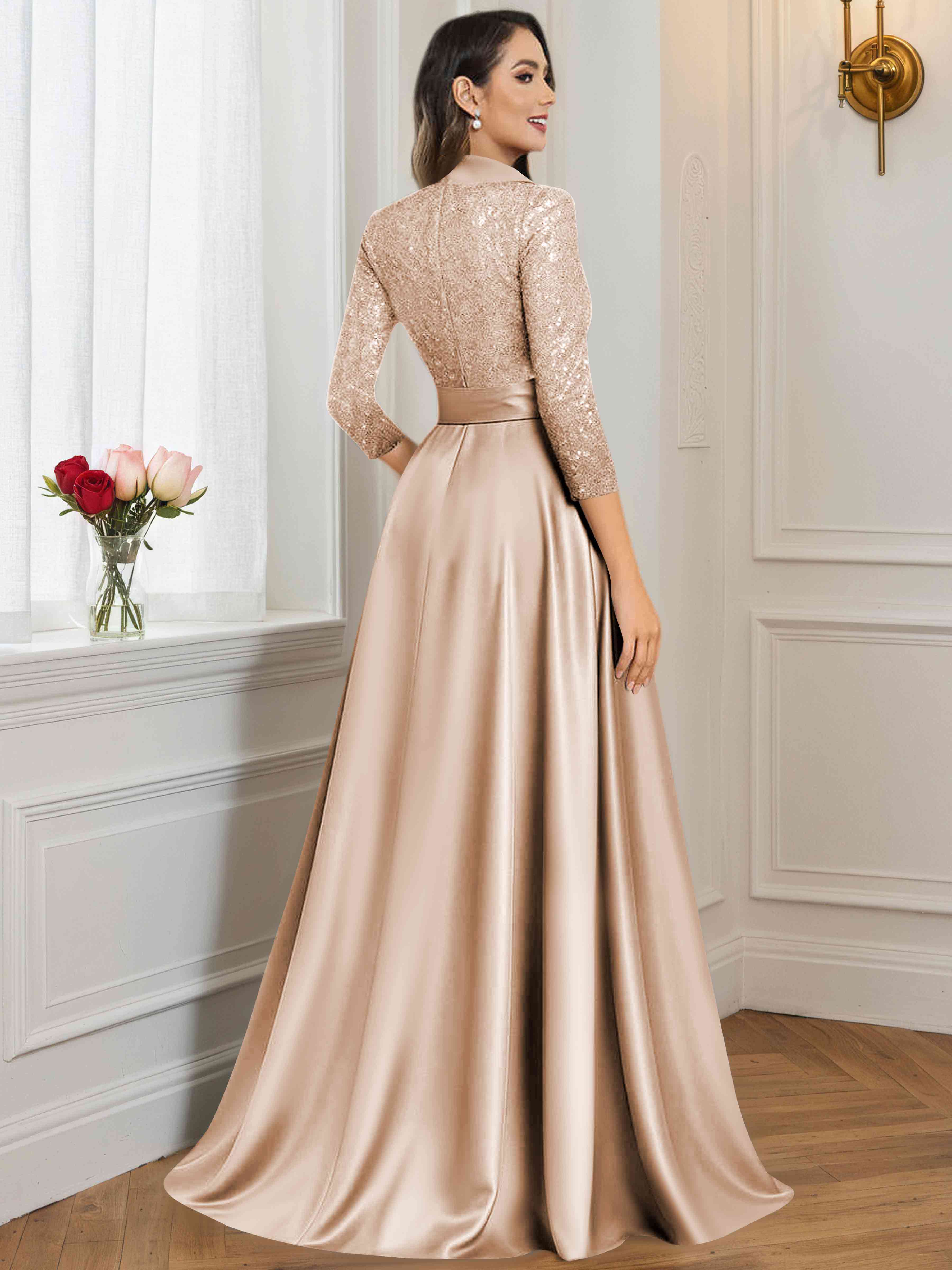ROVDESY A-Line V Neck Sequin Satin  Long Mother of The Bride Dress Formal Gown With 3/4 Sleeves