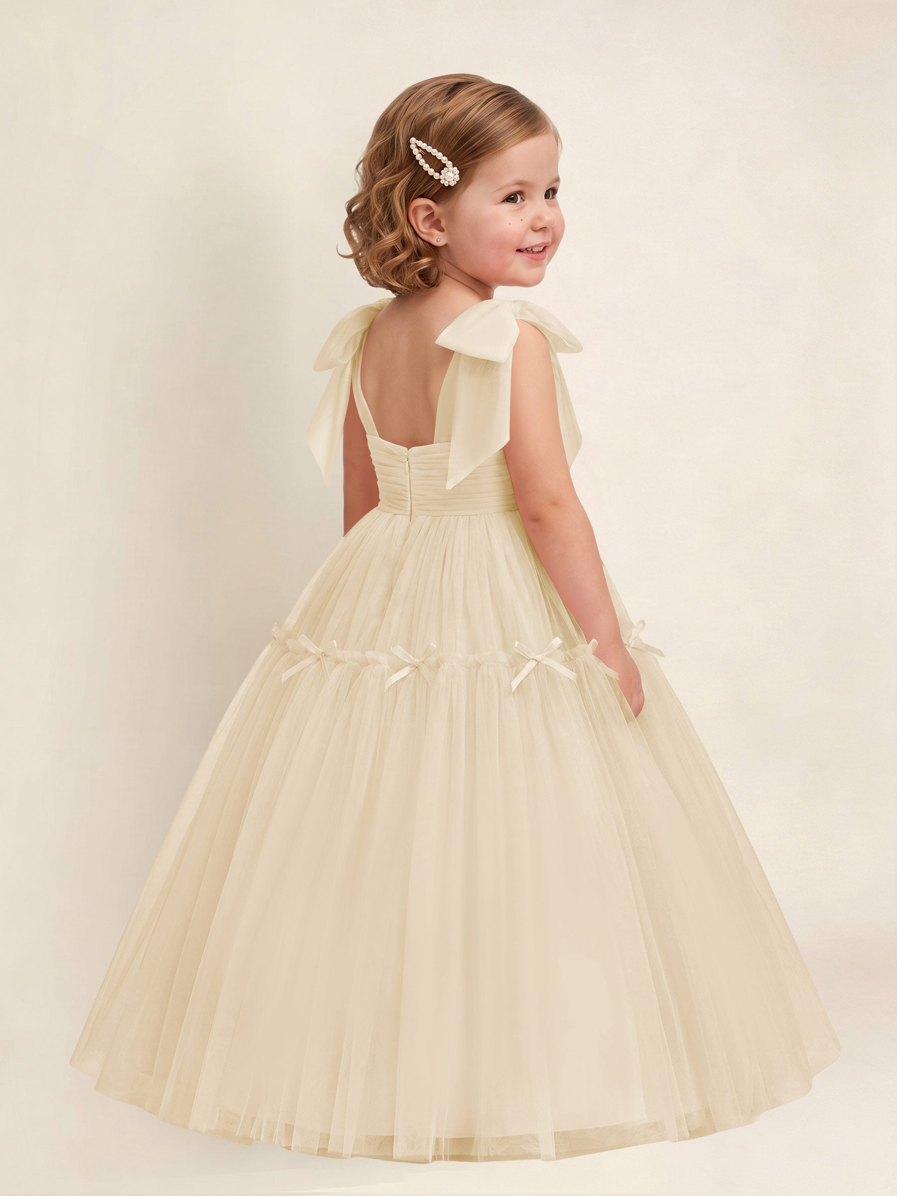 ROVDESY A-Line Tulle Flower Girl Dress With Bow Long Ball Gown Dress