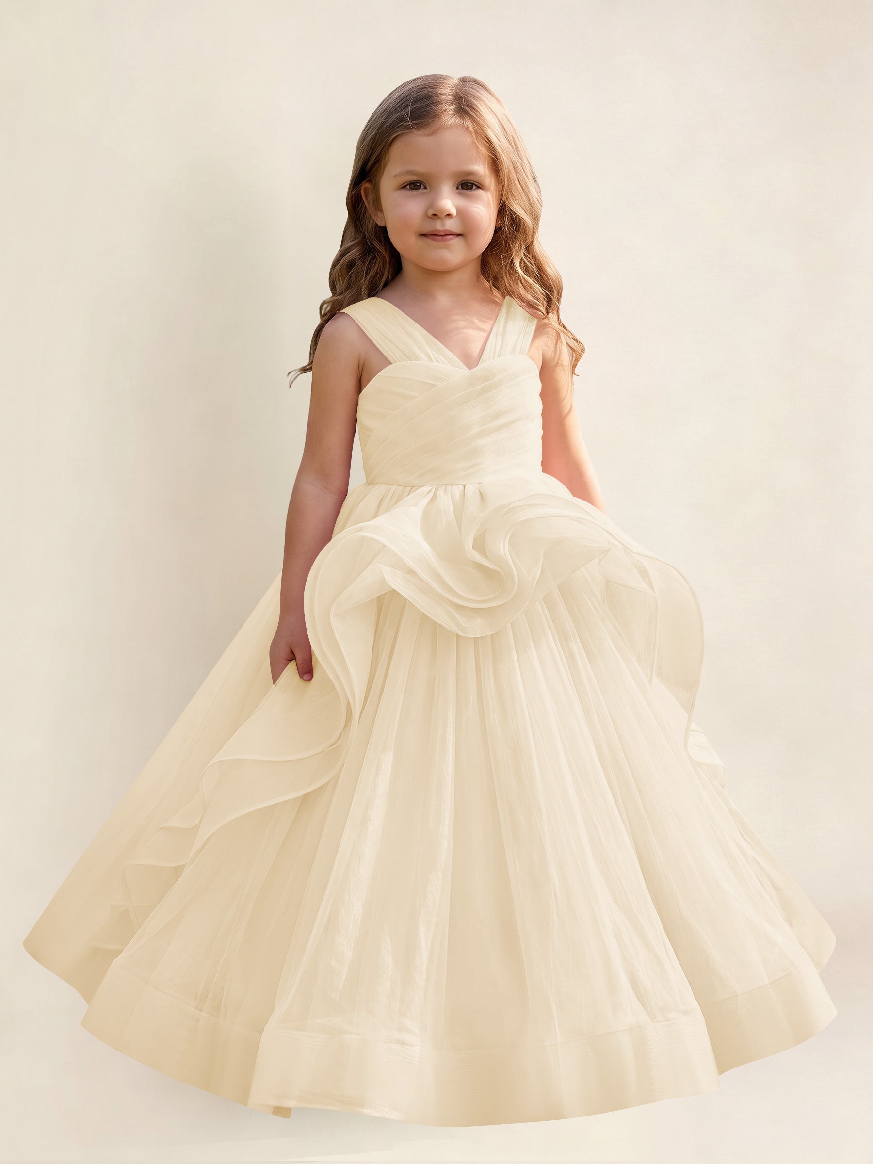 ROVDESY A-Line V-Neck Tulle Flower Girl Dress With Sleeveless Long Ball Gown Dress