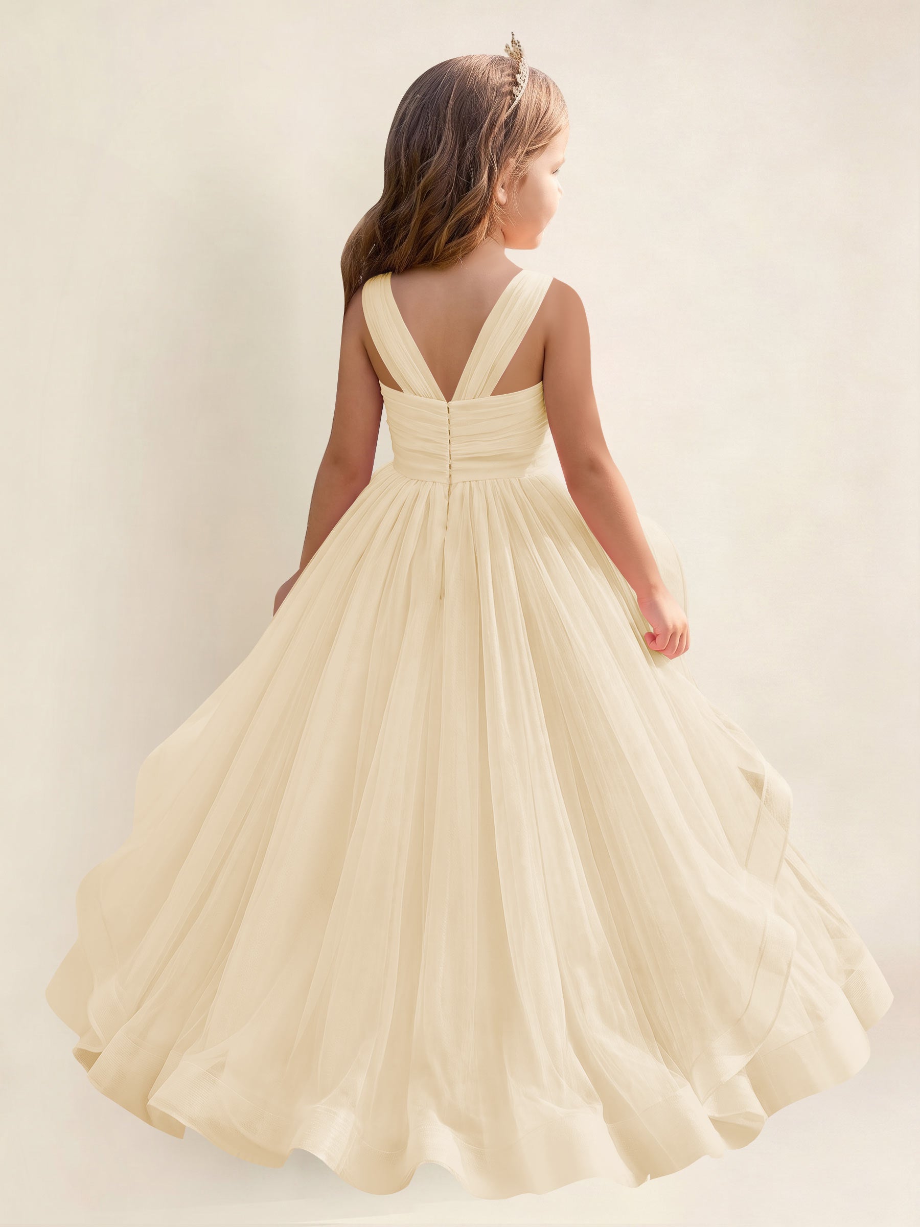 ROVDESY A-Line V-Neck Tulle Flower Girl Dress With Sleeveless Long Ball Gown Dress
