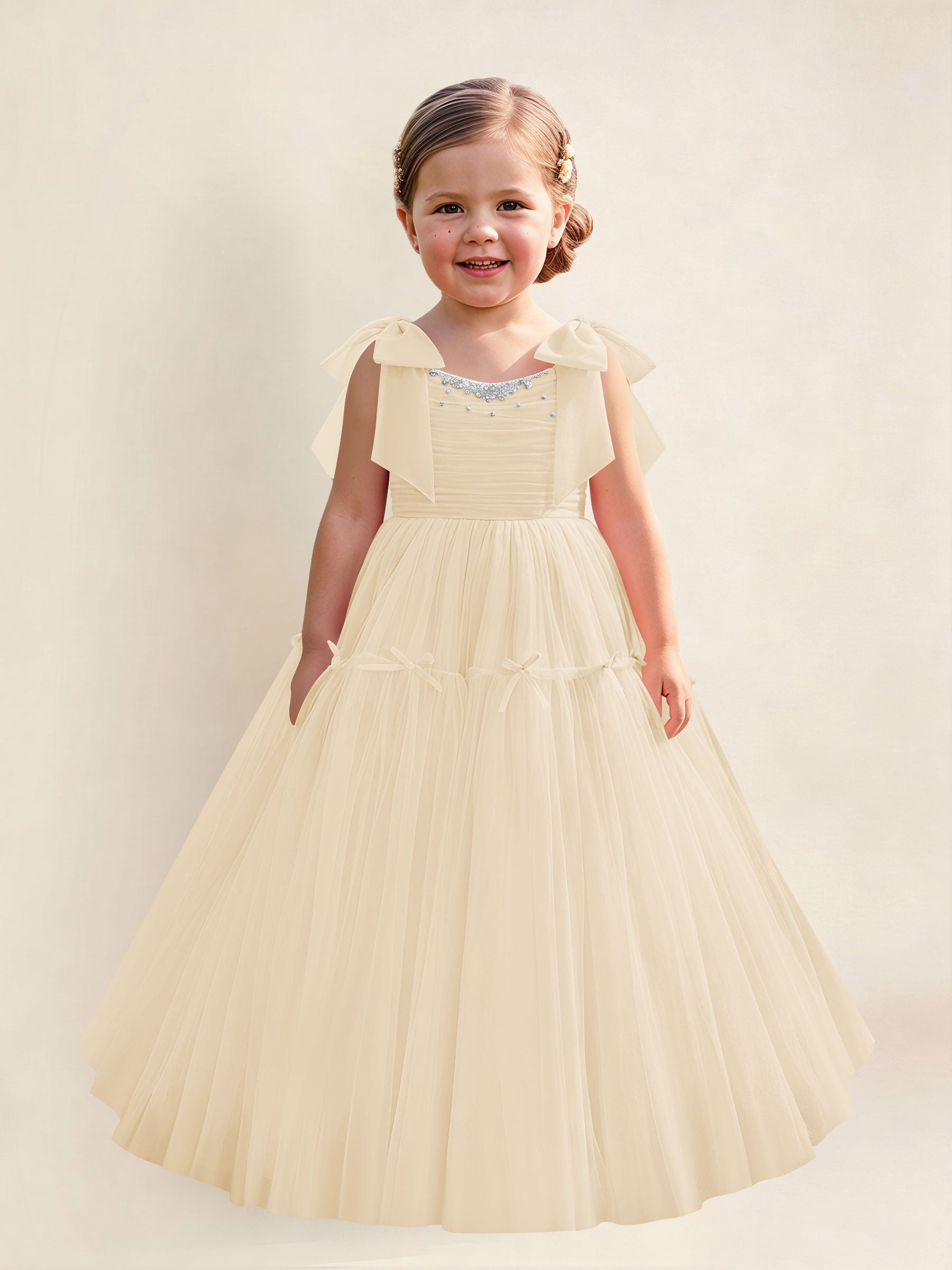 ROVDESY A-Line Tulle Flower Girl Dress With Bow Long Ball Gown Dress