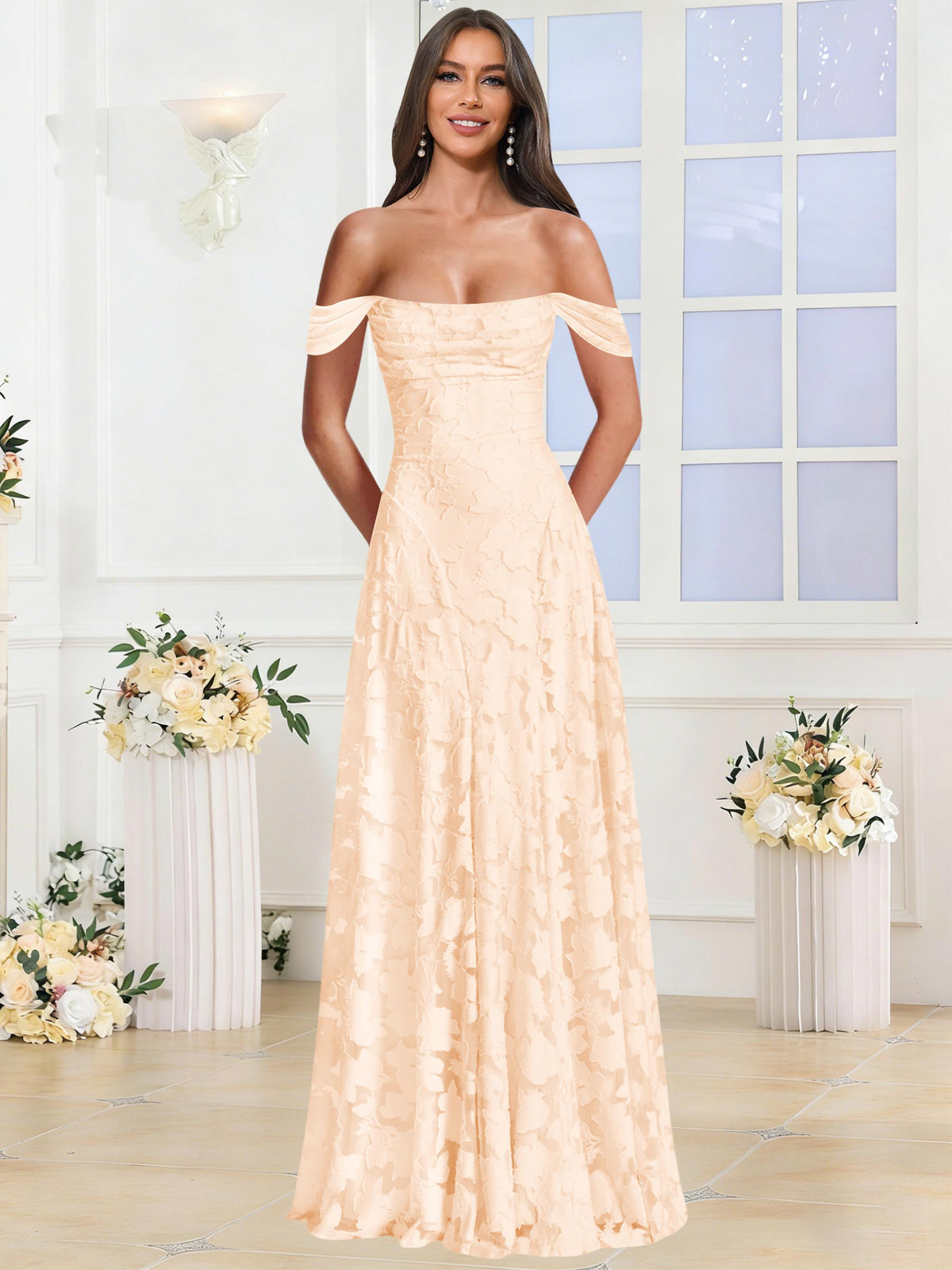 Off the Shoulder Floral Ruched A-line Bridesmaid Dress