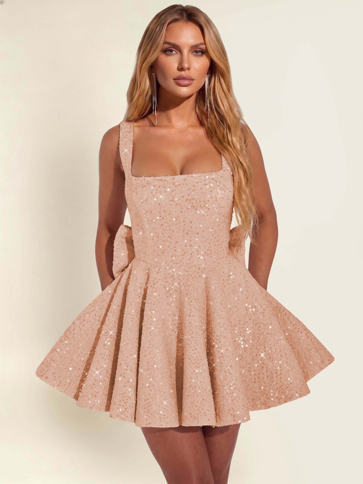ROVDESY Sparkly Sequin A-Line Square Neck Homecoming Mini Dress With Big Bow