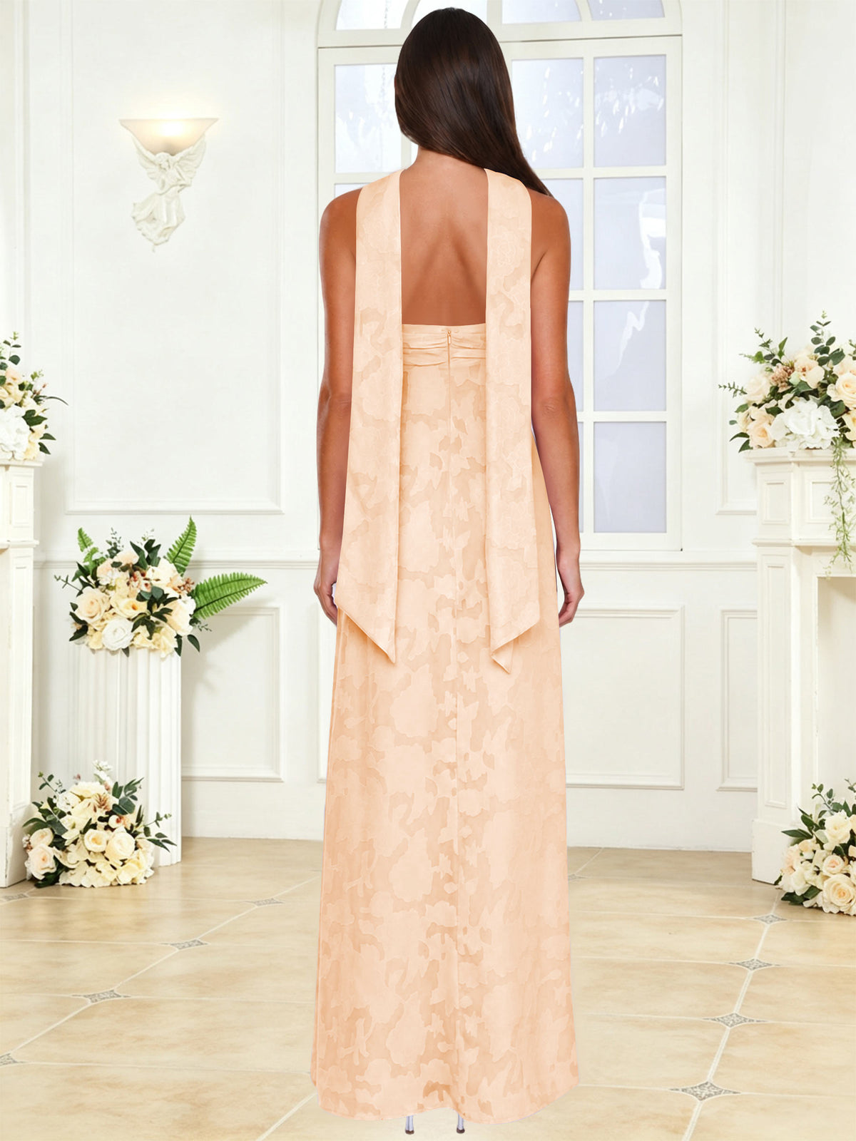 Spaghetti Strap Ruched Floral Jacquard A Line Bridesmaid Dress with Scarf