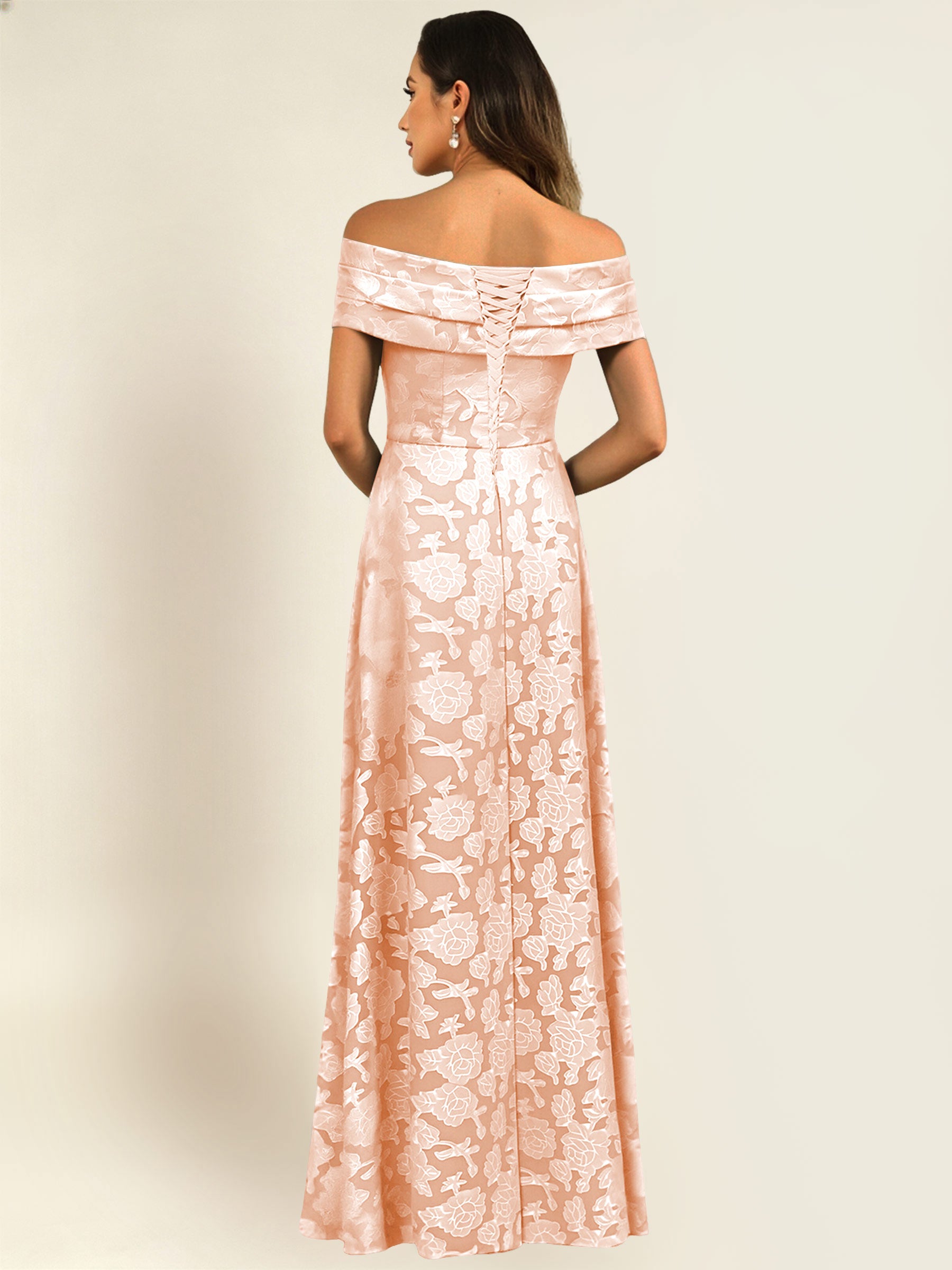 ROVDESY Off the Shoulder Floral Jacquard A-Line Long Mother of the Bride Dress