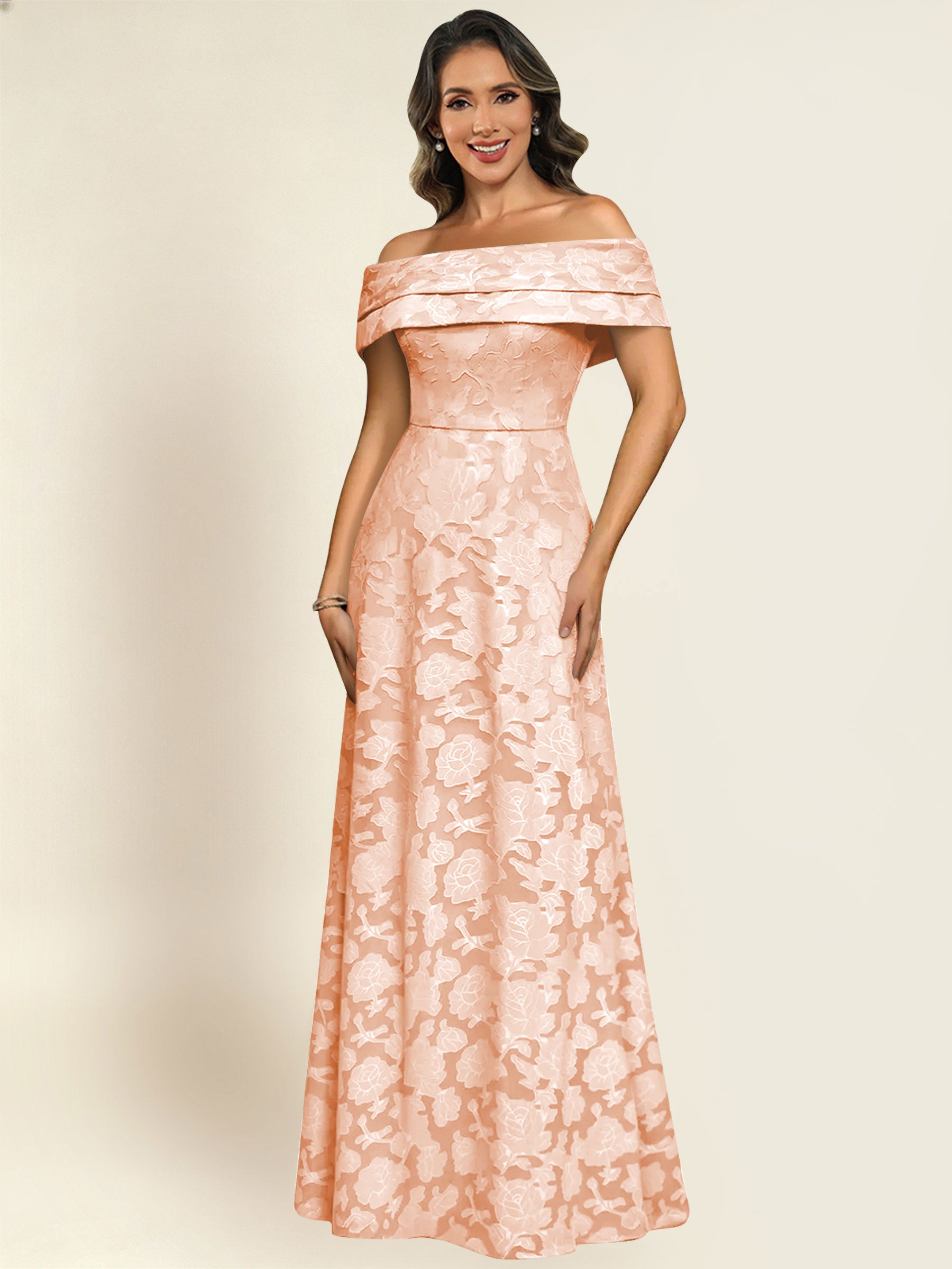 ROVDESY Off the Shoulder Floral Jacquard A-Line Long Mother of the Bride Dress