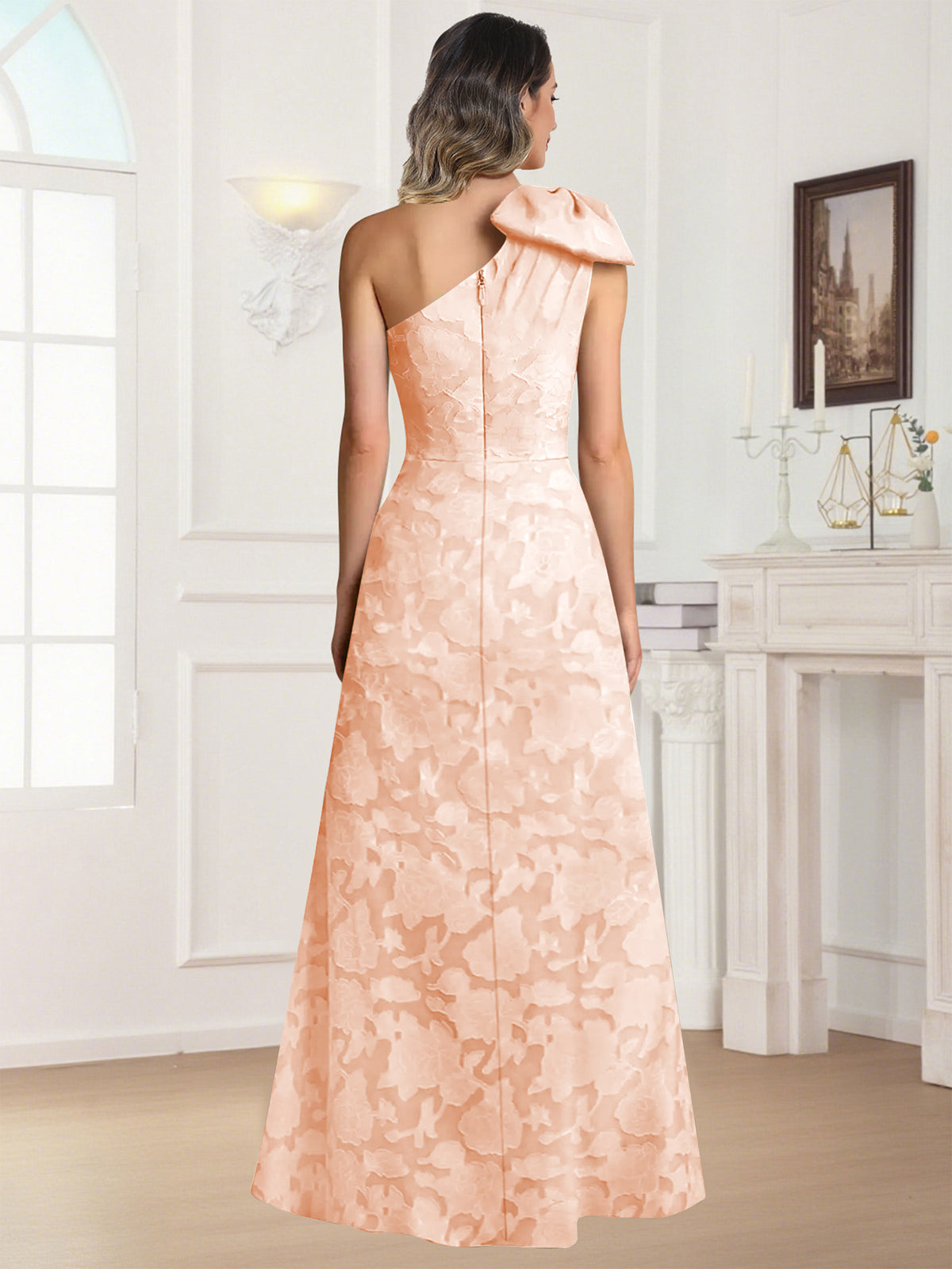 One Shoulder Floral Jacquard Mother of the Bride Dress