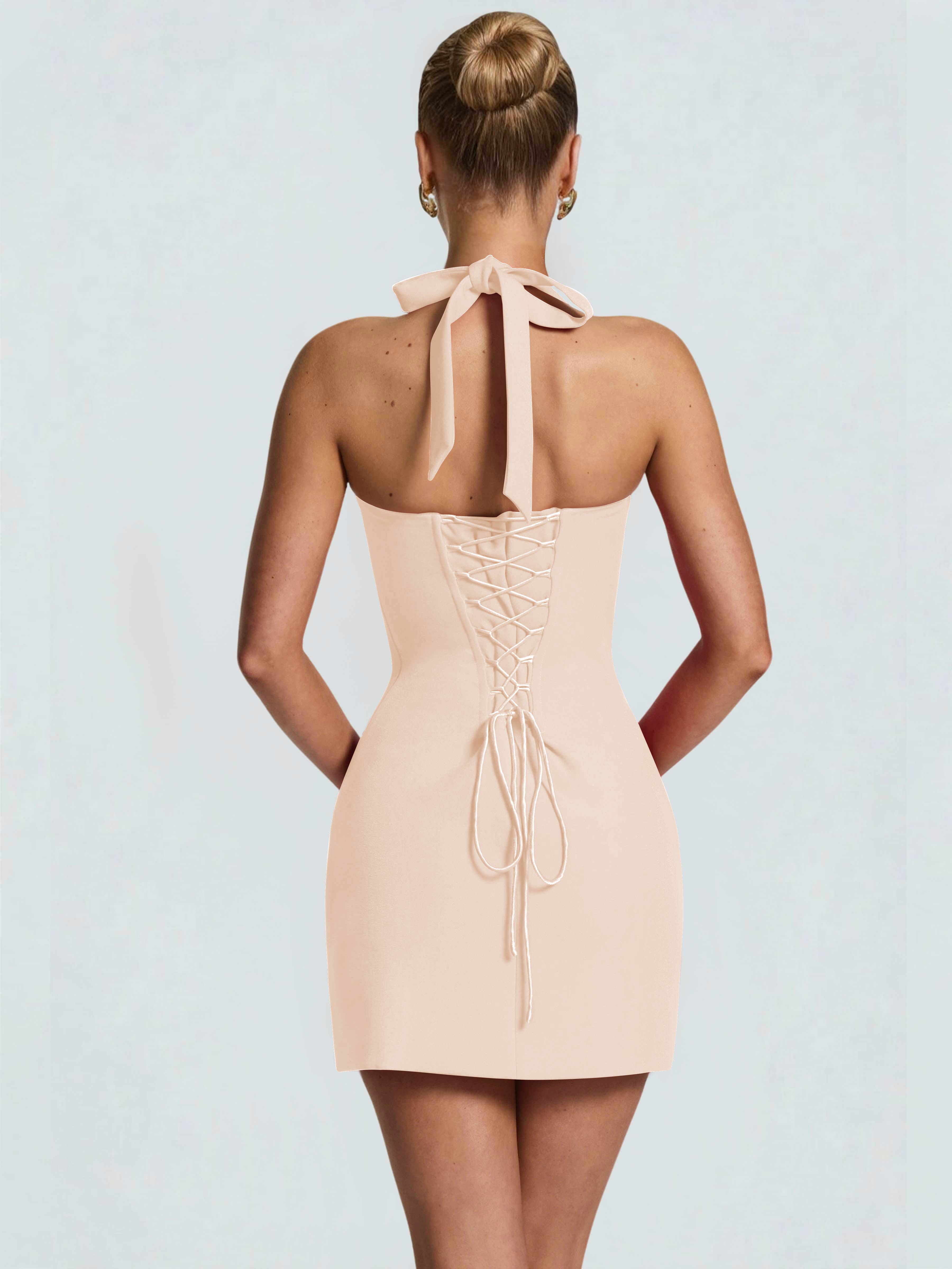 ROVDESY Halter Lace Satin Tight Homecoming Mini Dress