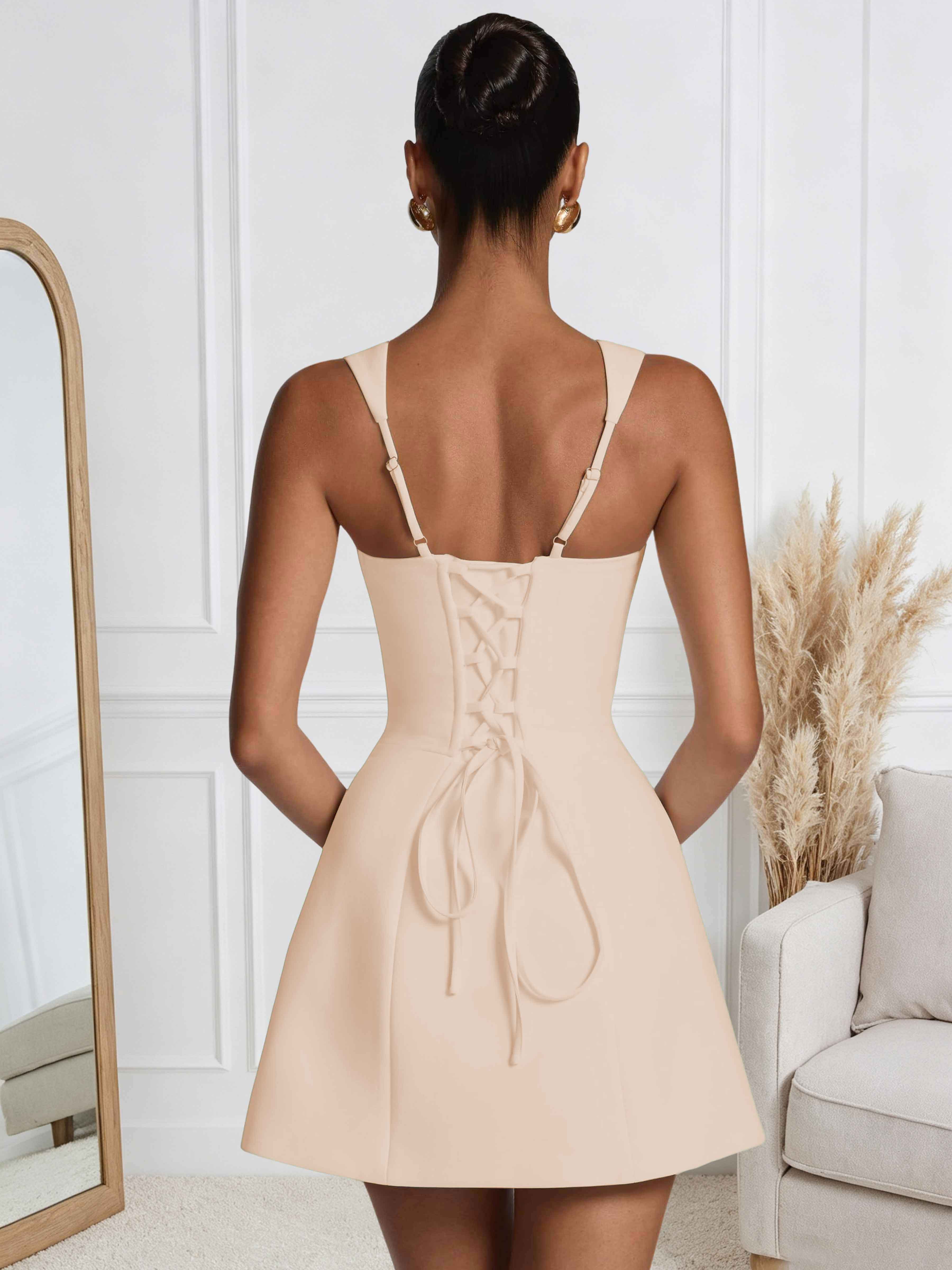 ROVDESY A-Line Square Neck Satin Homecoming Mini Dress