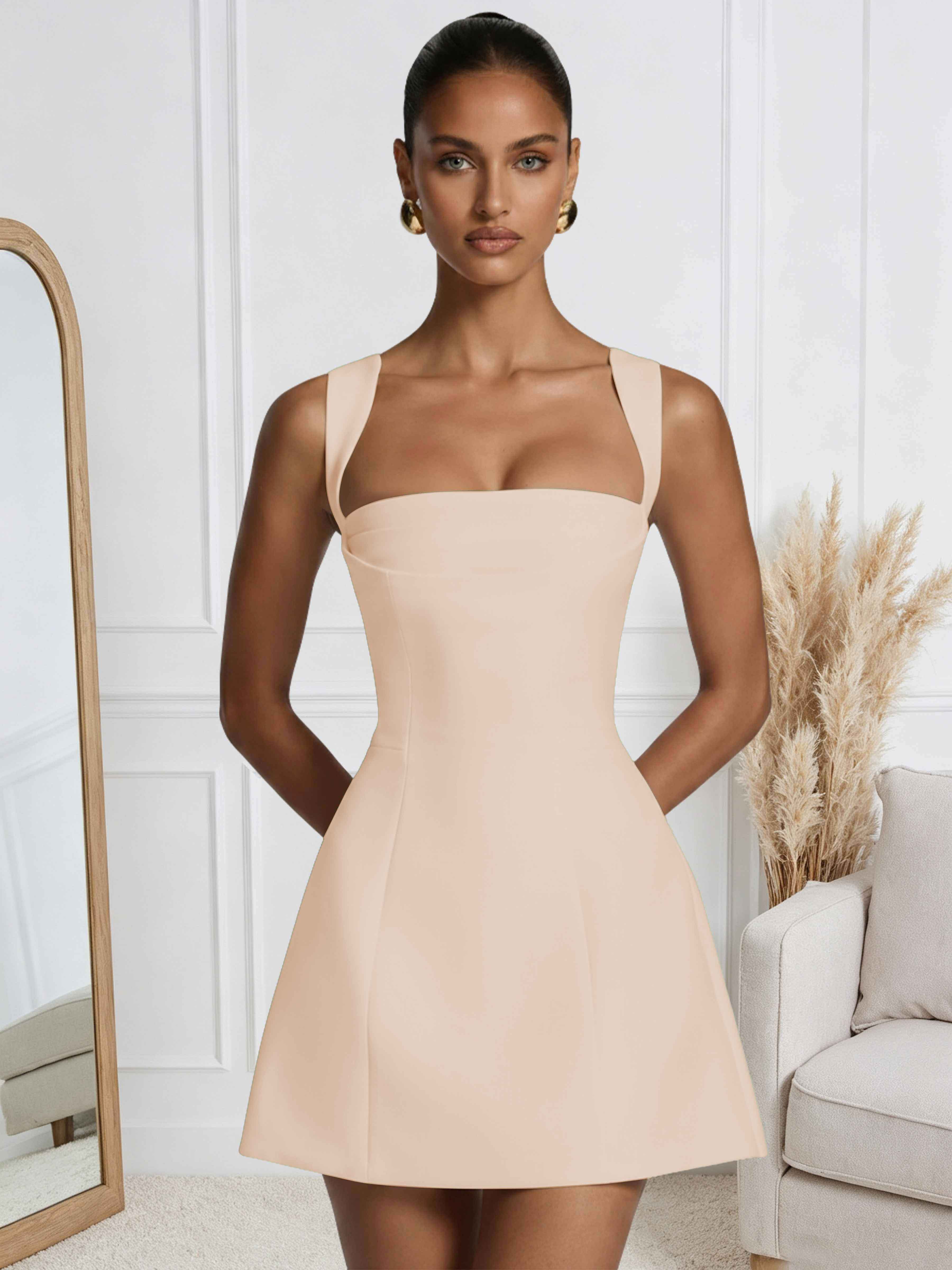 ROVDESY A-Line Square Neck Satin Homecoming Mini Dress