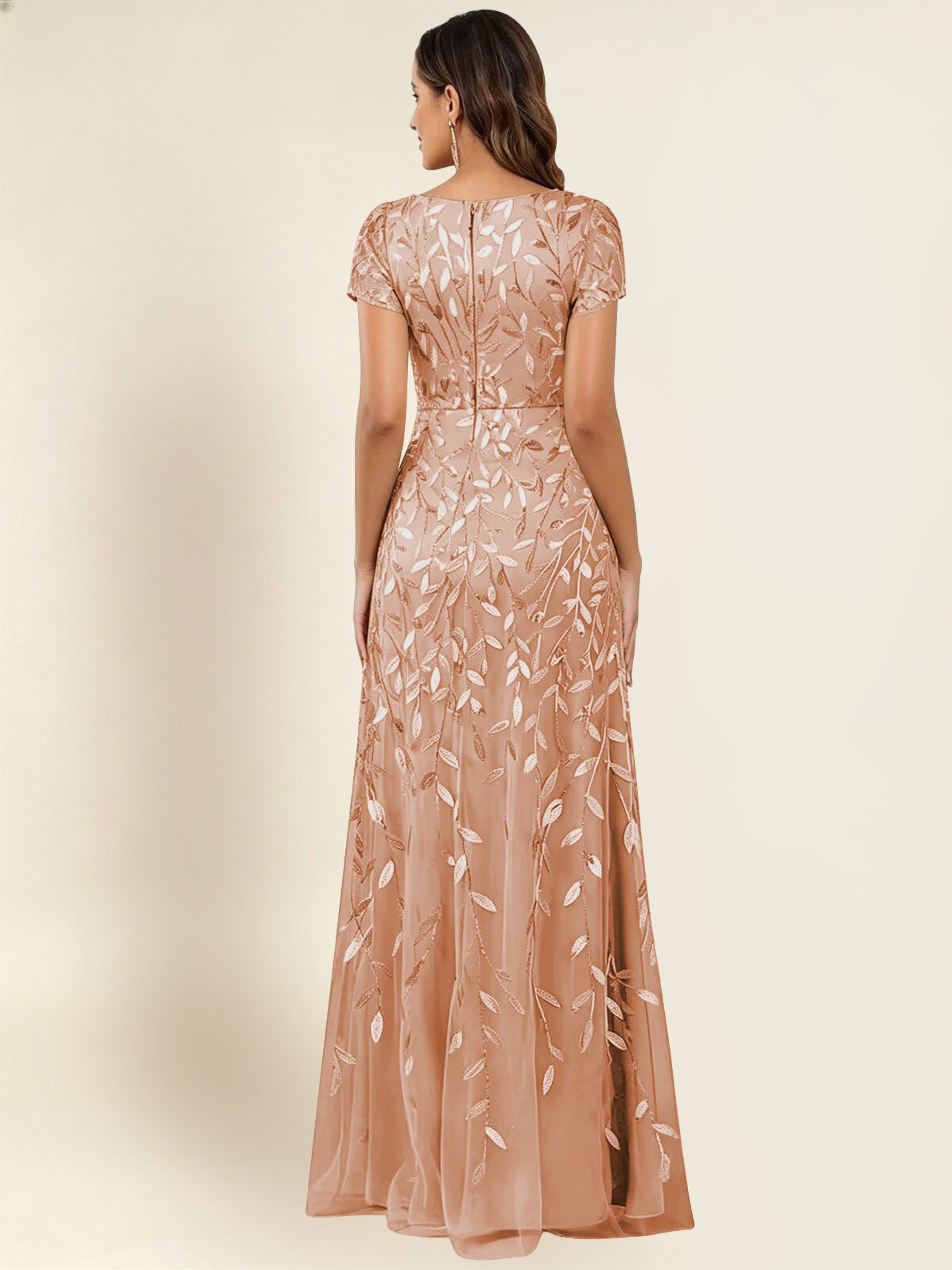 ROVDESY Sequin Mermaid Long Mother Of The Bride Dress With Short Sleeves Formal Gown